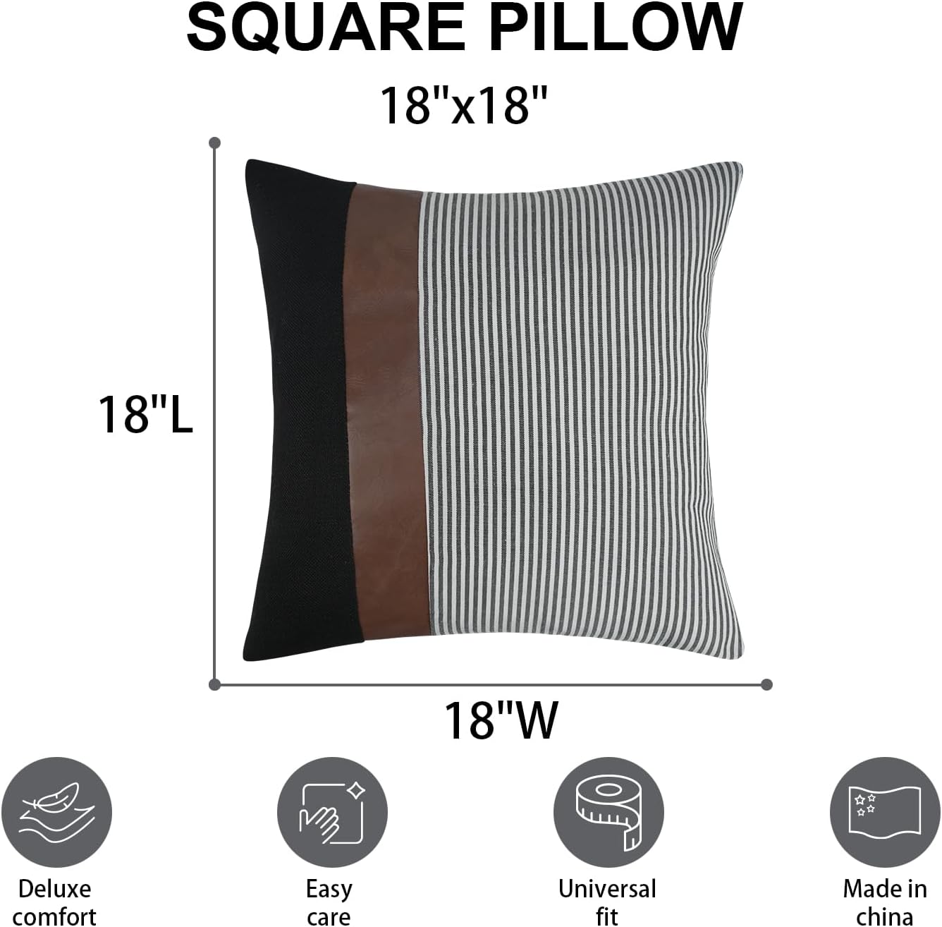 Modern Farmhouse Decorative Throw Pillow Covers 18x18 Set of 2 Black Striped Linen and Faux Leather Pillow Covers for Couch Sofa Bedroom Livingroom Neutral Accent Cozy Cushion Covers - Image 6