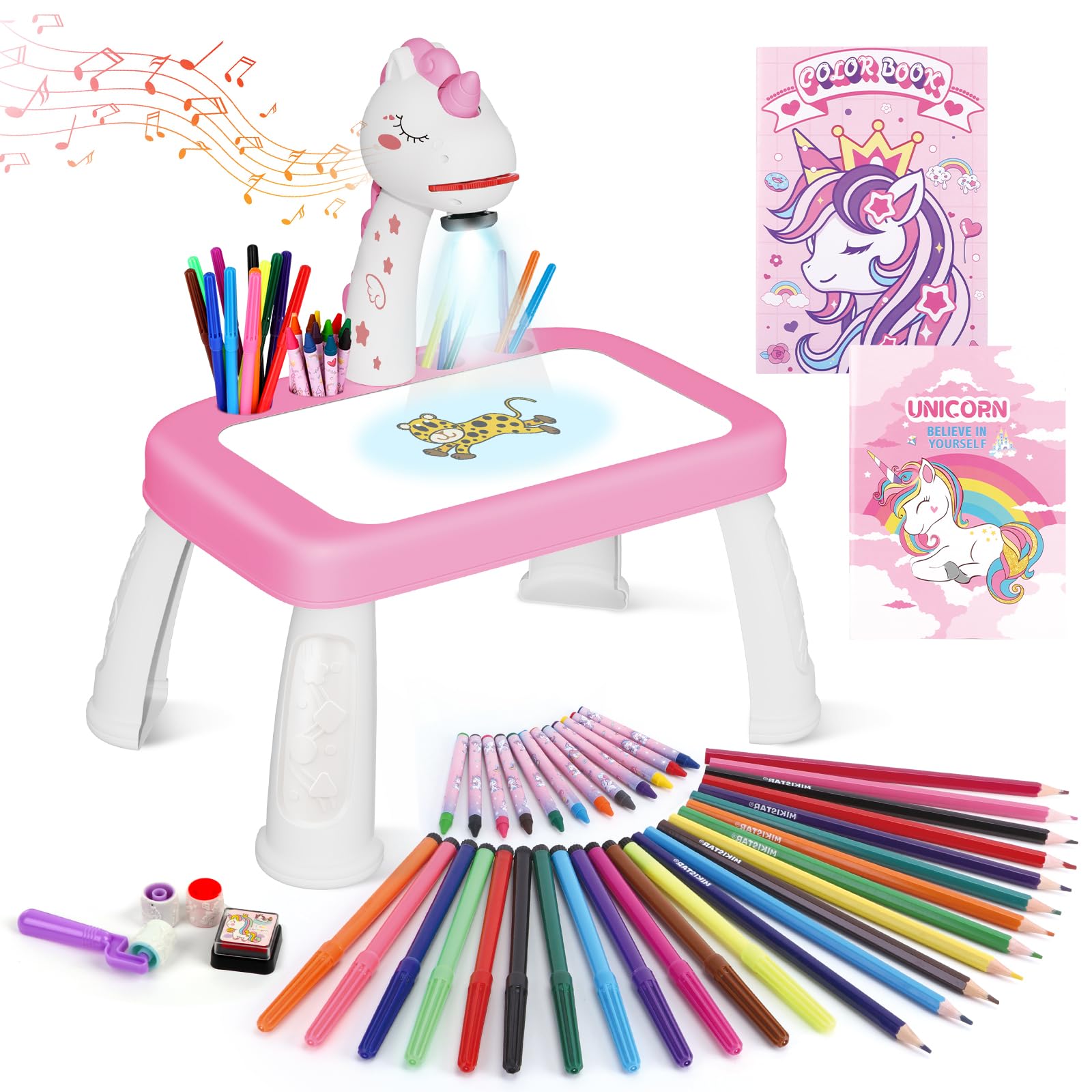 Drawing Projector for Kids Drawing Kits for Kids Ages 6-8 with Music Pencils Crayons Scrapbook Sticker Book Unicorn Stickers Perfect Toys for 4+ Year Old Girls