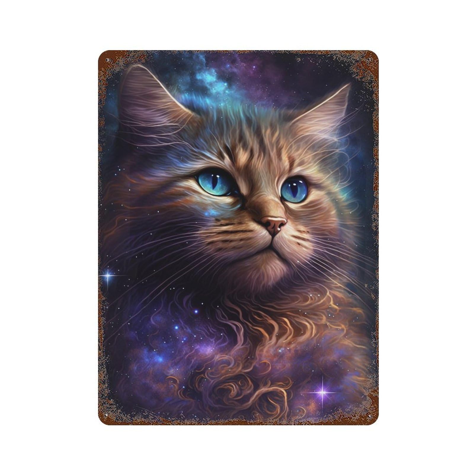 Garage Style Cosmic Cat Fantasy Art Print-4 Vintage Rust Metal Sign 15.7"x11.8", Shabby Chic Decor for Bar And Workshop