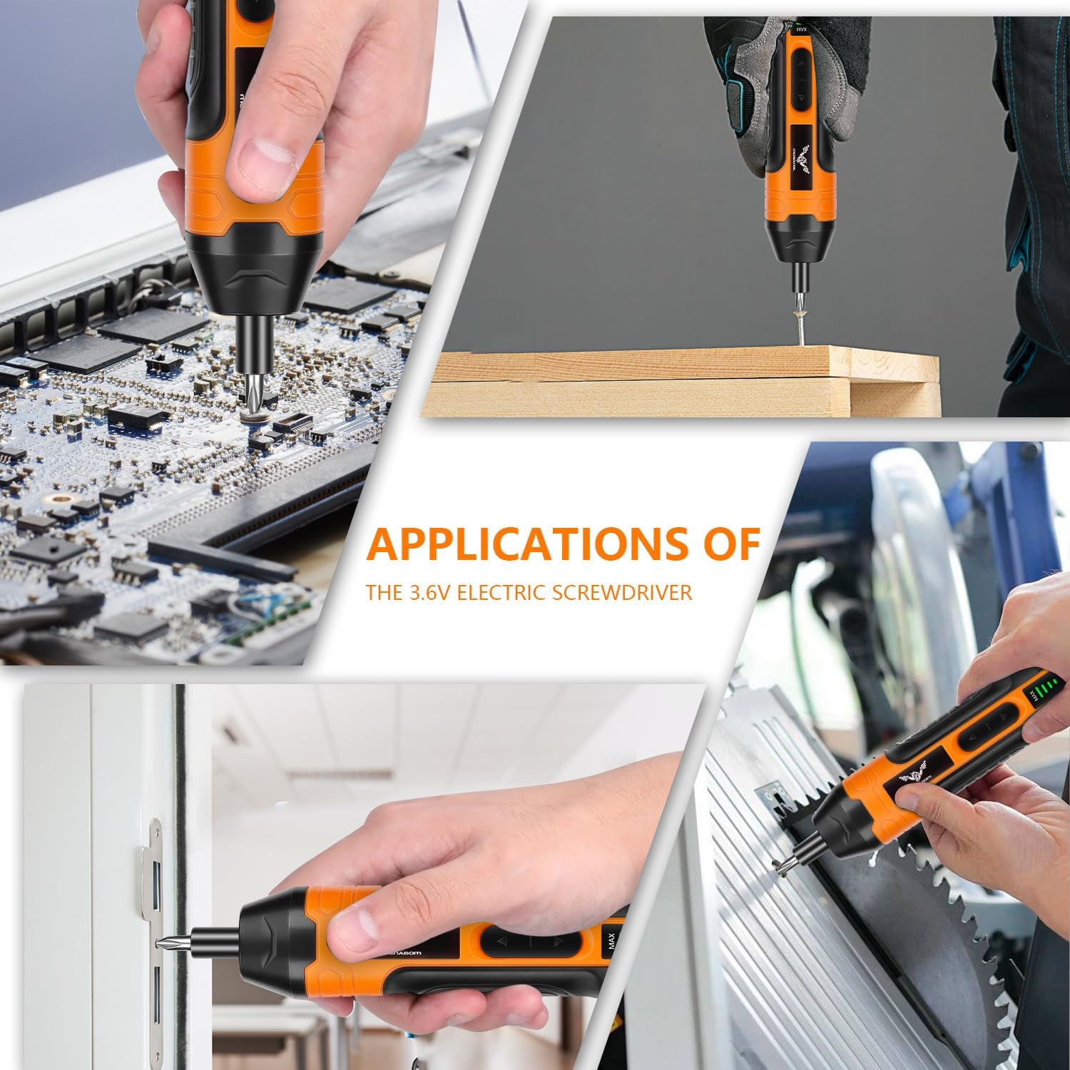Technical specifications of the JENABOM electric screwdriver, including 3.6V voltage, 1300mAh battery, 200 rpm no-load speed, and 4-level adjustable torque (2.5 N.m to 5 N.m).
