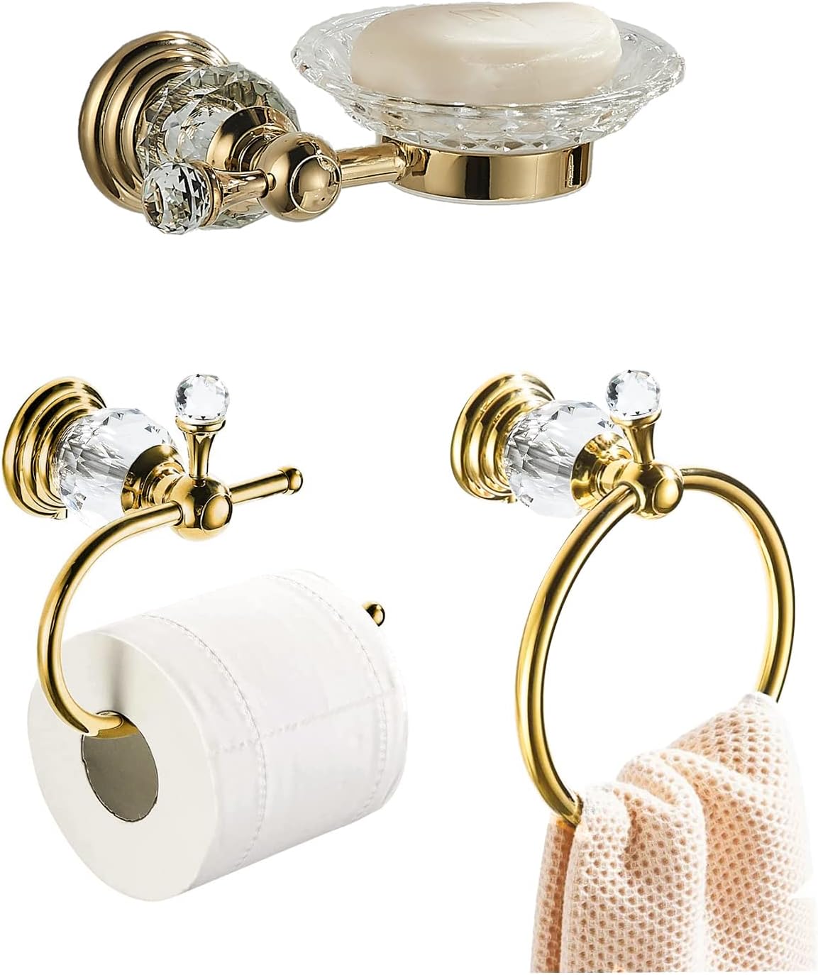 WOLIBEER Crystal Gold Towel Ring Toilet Paper Holder Soap Dish Holder