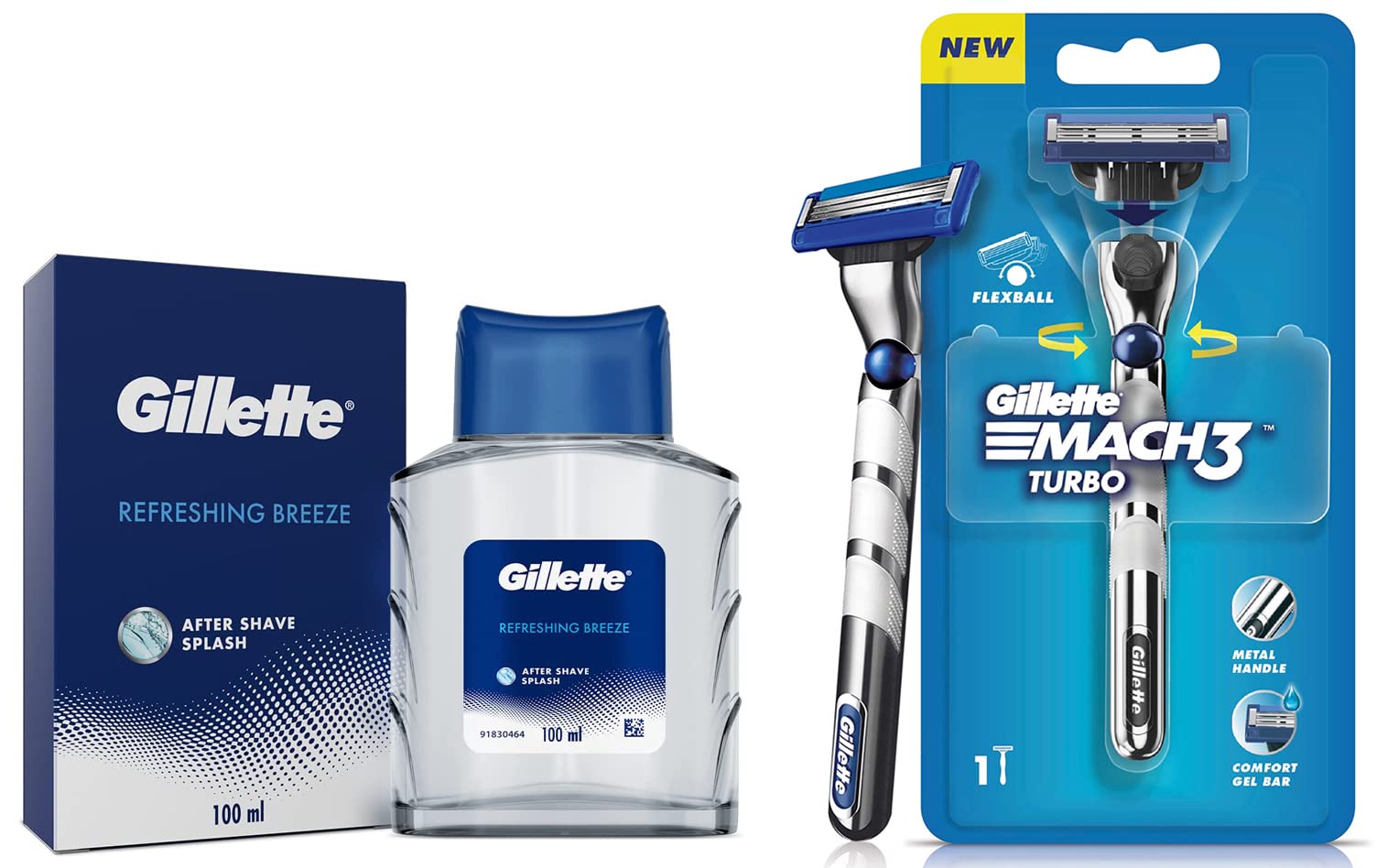 After Shave Splash Refreshing Breeze 100Ml, White & Mach3 Turbo Mena Razor With Flexball Technology, 2 Count