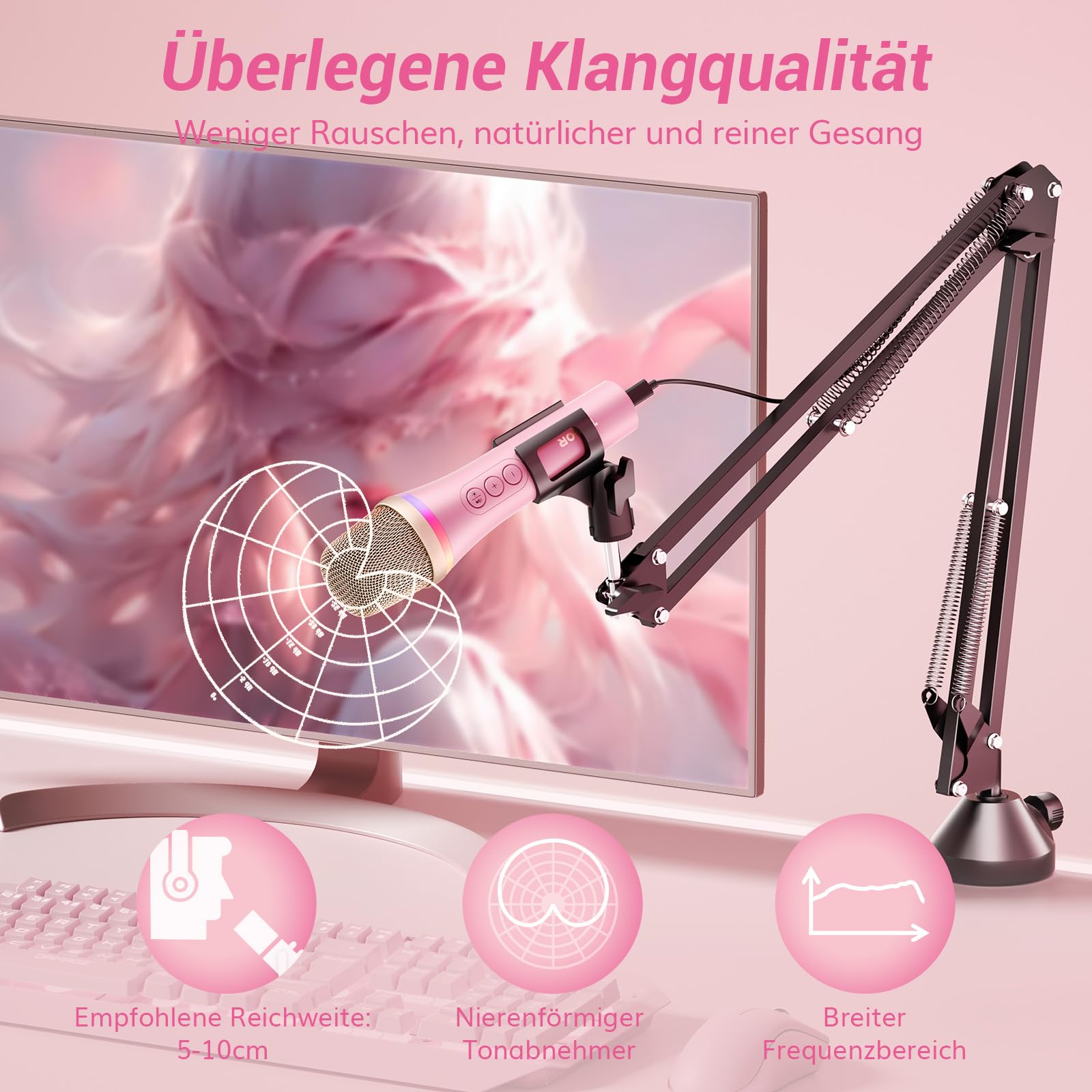 TONOR Dynamisches USB/Typ-C Mikrofon für PC, RGB Podcast Computer Gaming Mikro mit Arm Ständer für Aufnahme, Live, Streaming, YouTube, Gesang, Studio, Karaoke Microfon Quick Mute-Taste Rosa