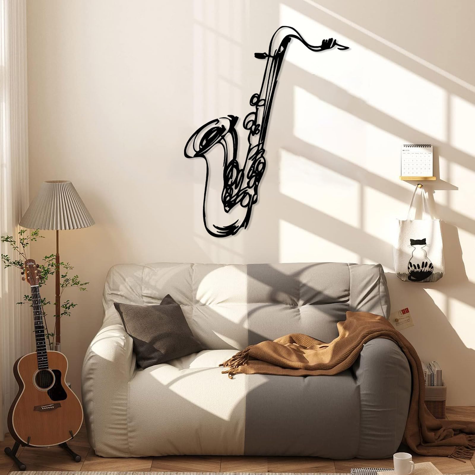 Decorazione da Parete Sassofono in Metallo Bianco 90 X 70 Cm Arte Murale Jazz Musica Strumento Astratto Decorazione Studio Bar Soggiorno Regalo Musicista White 19L x 14W