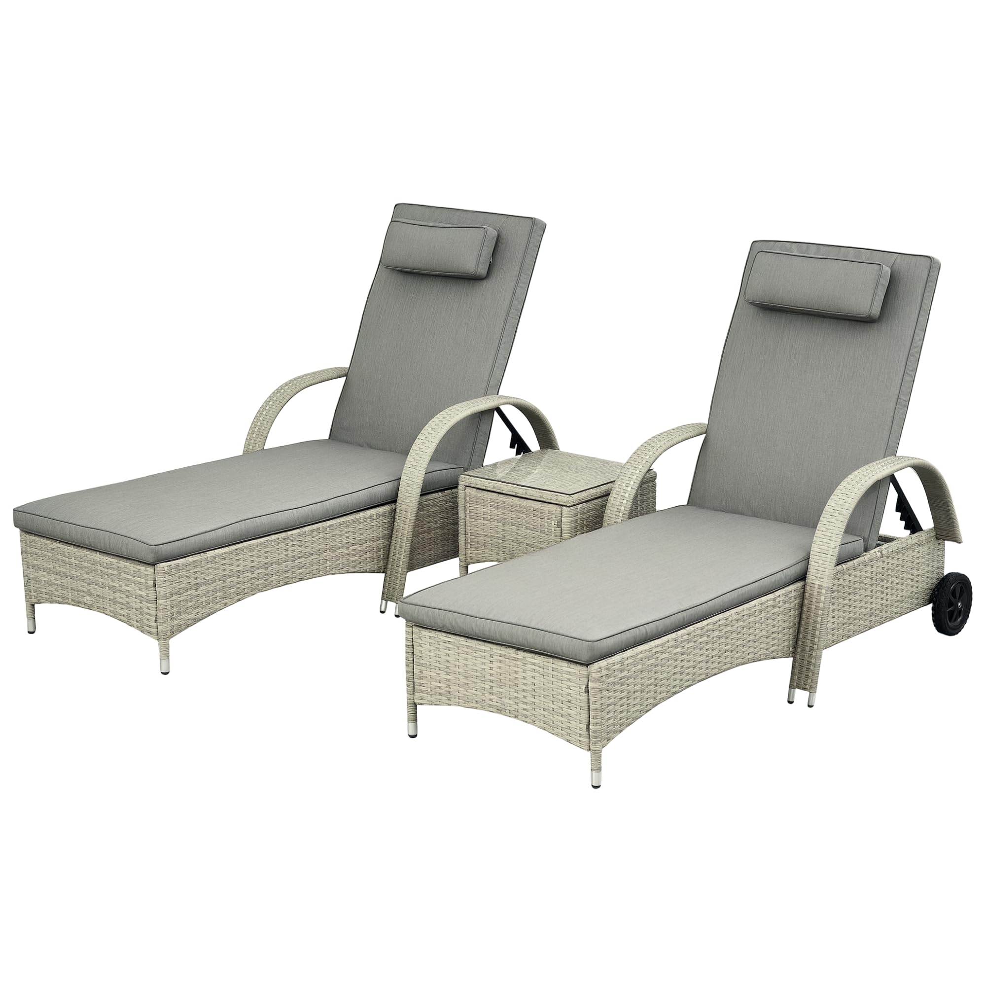 Outsunny Sonnenliege Gartenliege Tisch 3er-Set Gartenmöbel, Polyrattan+Metall 4 Farben
