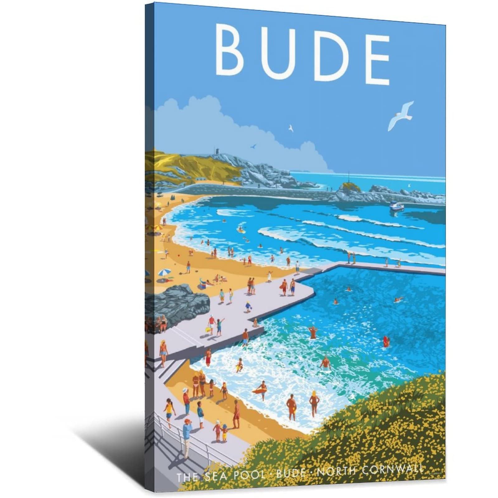 Vtgclt Frame-Style England Bude Vintage Travel Posters Sea Beach Sky Vacation Canvas Painting Pictures Prints Wall Art For Bedroom Office Decor 24X36inch(60X90cm)