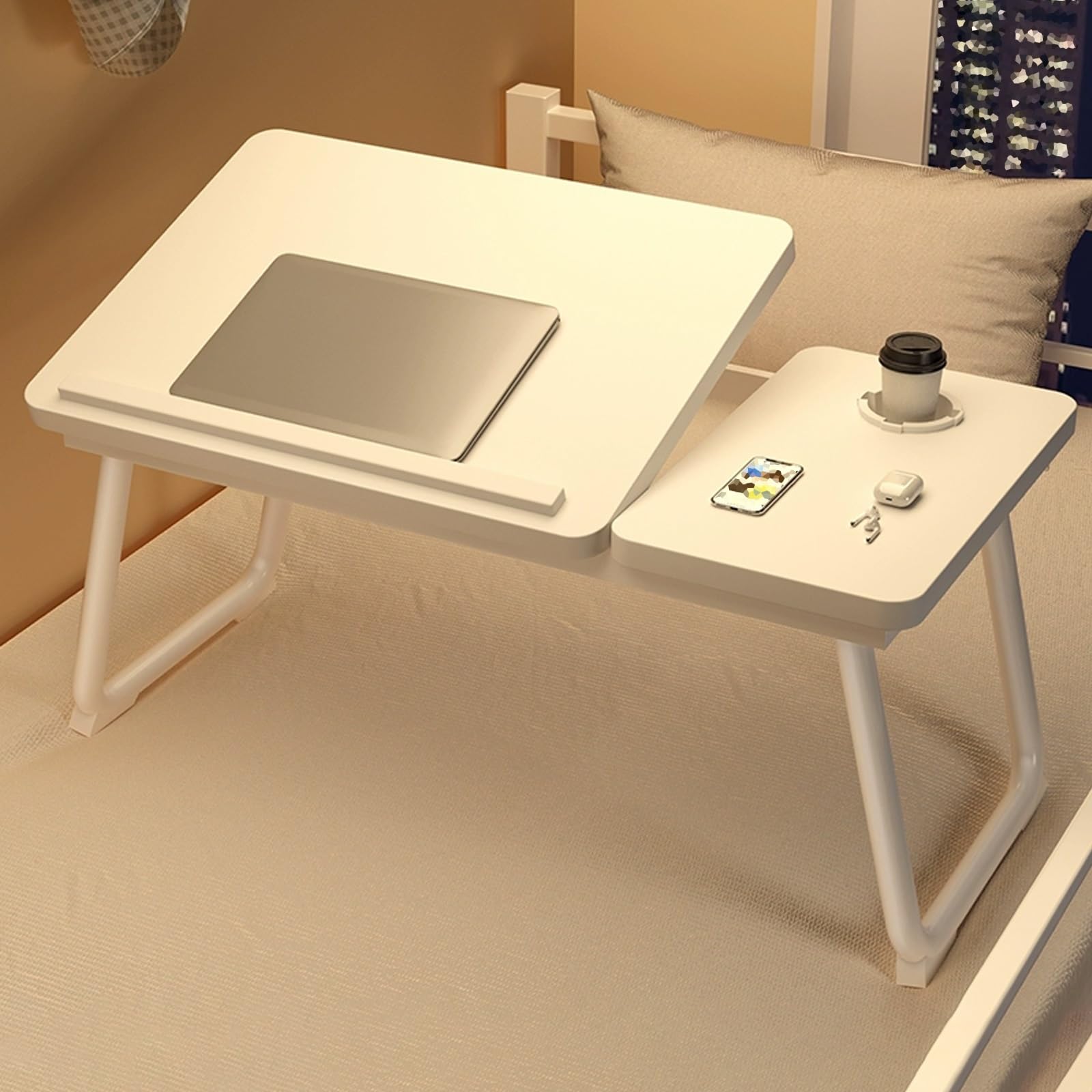 Składane biurko na laptopa do łóżka i sofy, przenośna taca śniadaniowa z antypoślizgowymi paskami i uchwytami na kubki, idealna do okna wykuszowego, regulowana wysokość i lekka konstrukcja