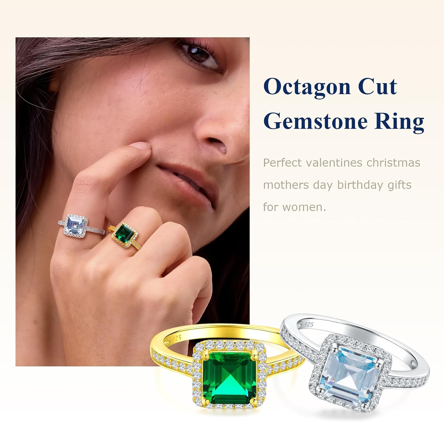 Vintage Style Engagement Ring White Gold Plated Sterling Silver White Sapphire Inlaid Big Cocktail Rings Emerald/Ruby/Aquamarine/Sapphire Ring Gift for Bride Wife Lover, Send Gift Box