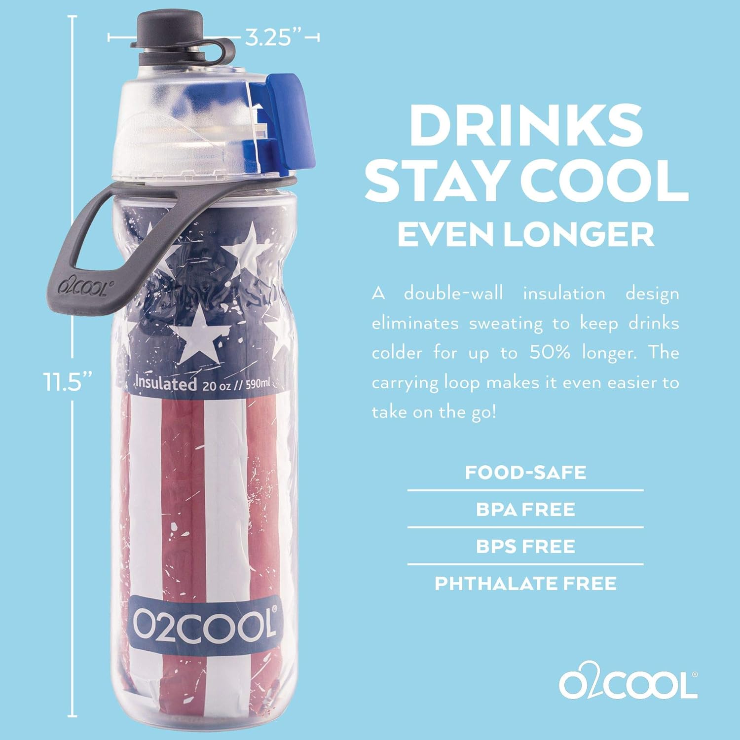 O2COOL Mist 'N Sip Misting Water Bottle 2-in-1 Mist And Sip Function With No Leak Pull Top Spout Reusable Sports Water Bottle - 20 oz (Patriot) - Image 3