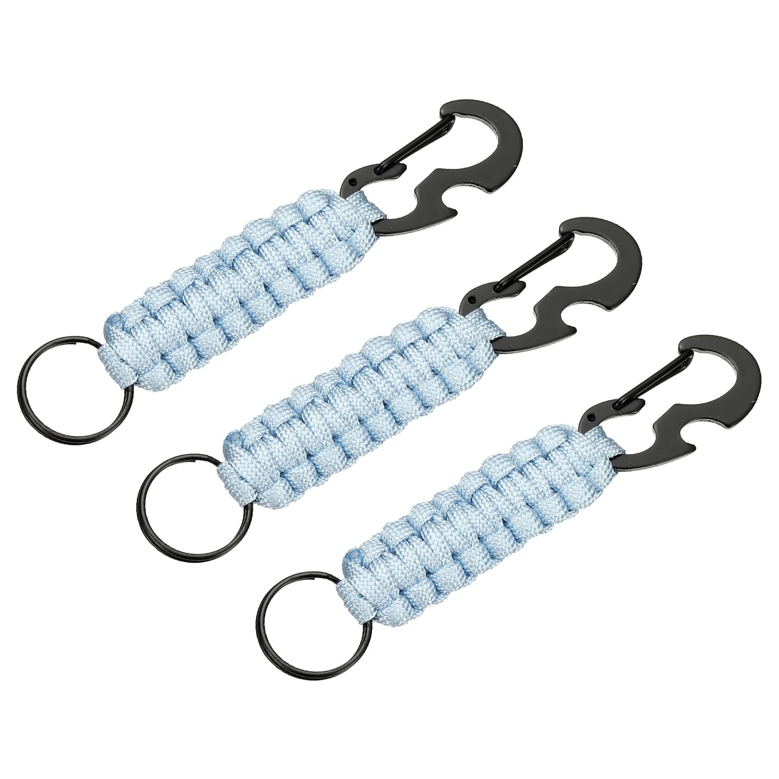 PATIKIL 3Pcs Heavy Duty Braided Paracord Keychain, Paracord Keychains Landyard Necklace with Bottle Opener D Hook Clip for Camping Hiking Outdoor Activities Key Ring, Light Blue