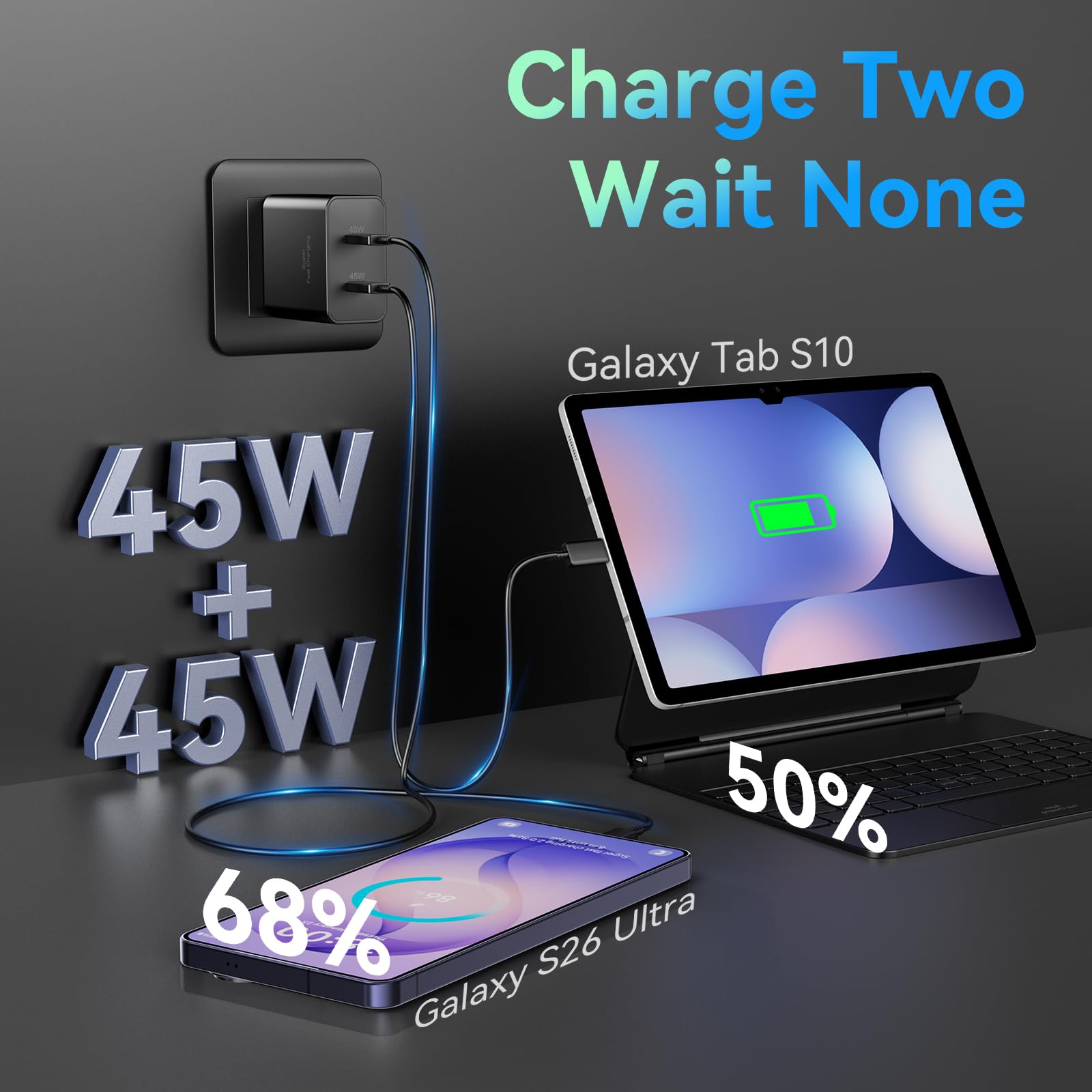 2 caricabatterie super veloci da 45 W a 2 porte di tipo C con cavo USB C da 3 m con blocco caricatore per telefono Android per Samsung Galaxy S25 Ultra/S25+/S24/S24 Ultra/S23/S22/S20/Note10+