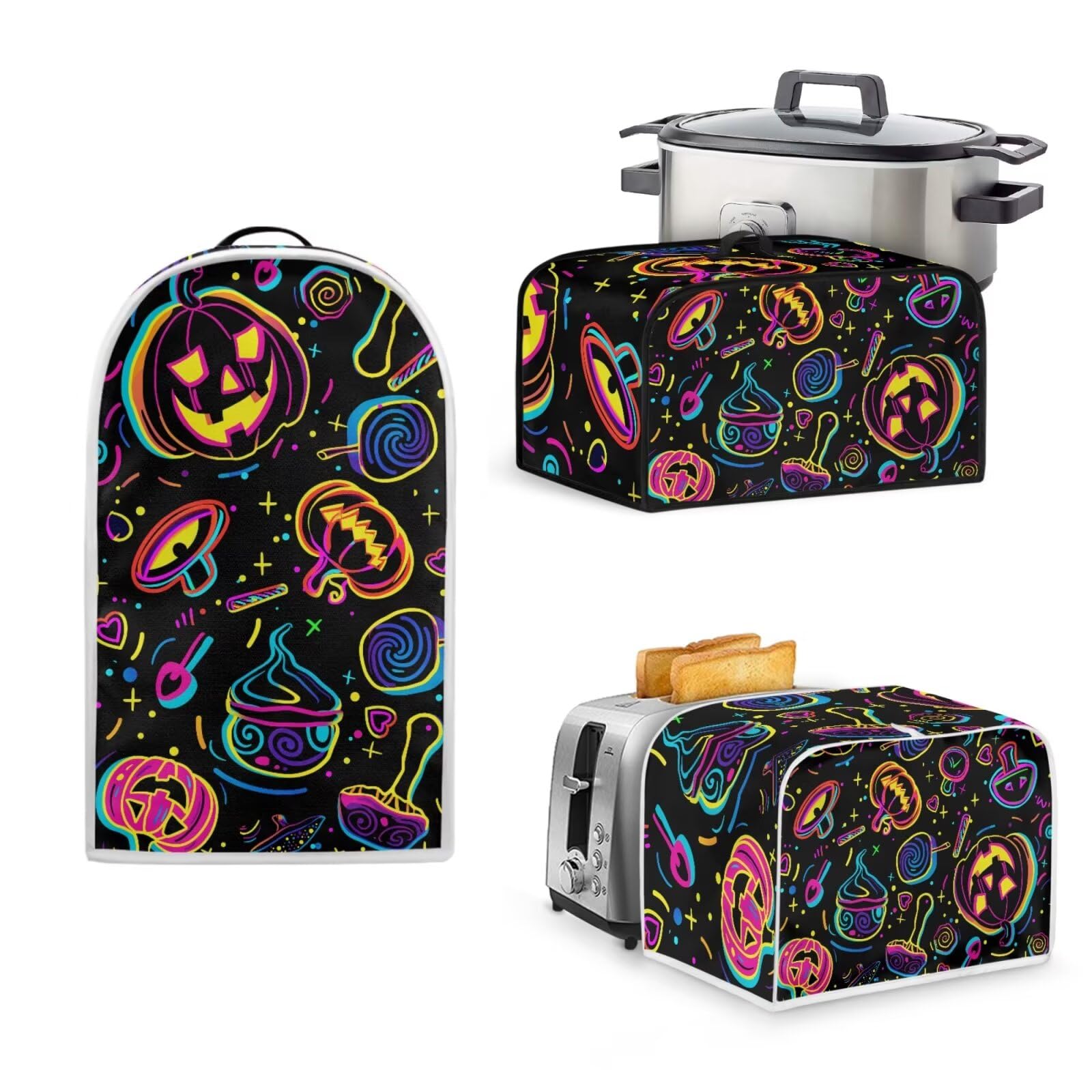 PJHEQOXE Magic Pumpkin Lantern Slow Cooker Cover with Mesh Pocket,S Size Toaster Covers Blender Cover Crock Pot Dust Cover Fits for Most 6-8 Quart Oval Slow Cooker, Halloween Decor (Black)