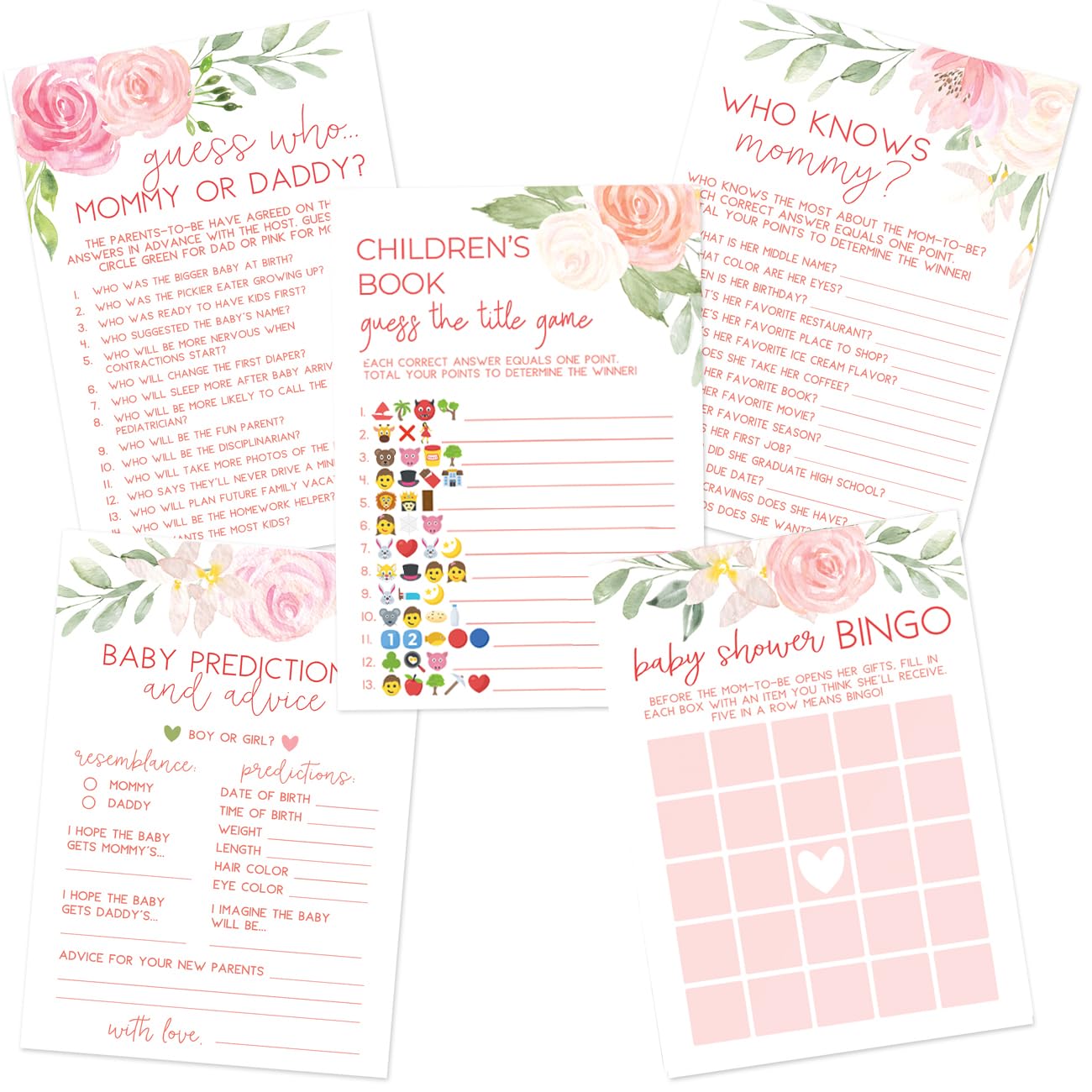 Printed Party Baby Shower Games for Girl – 5 Games & Activities, Baby in Bloom Floral Theme, 50 Guests