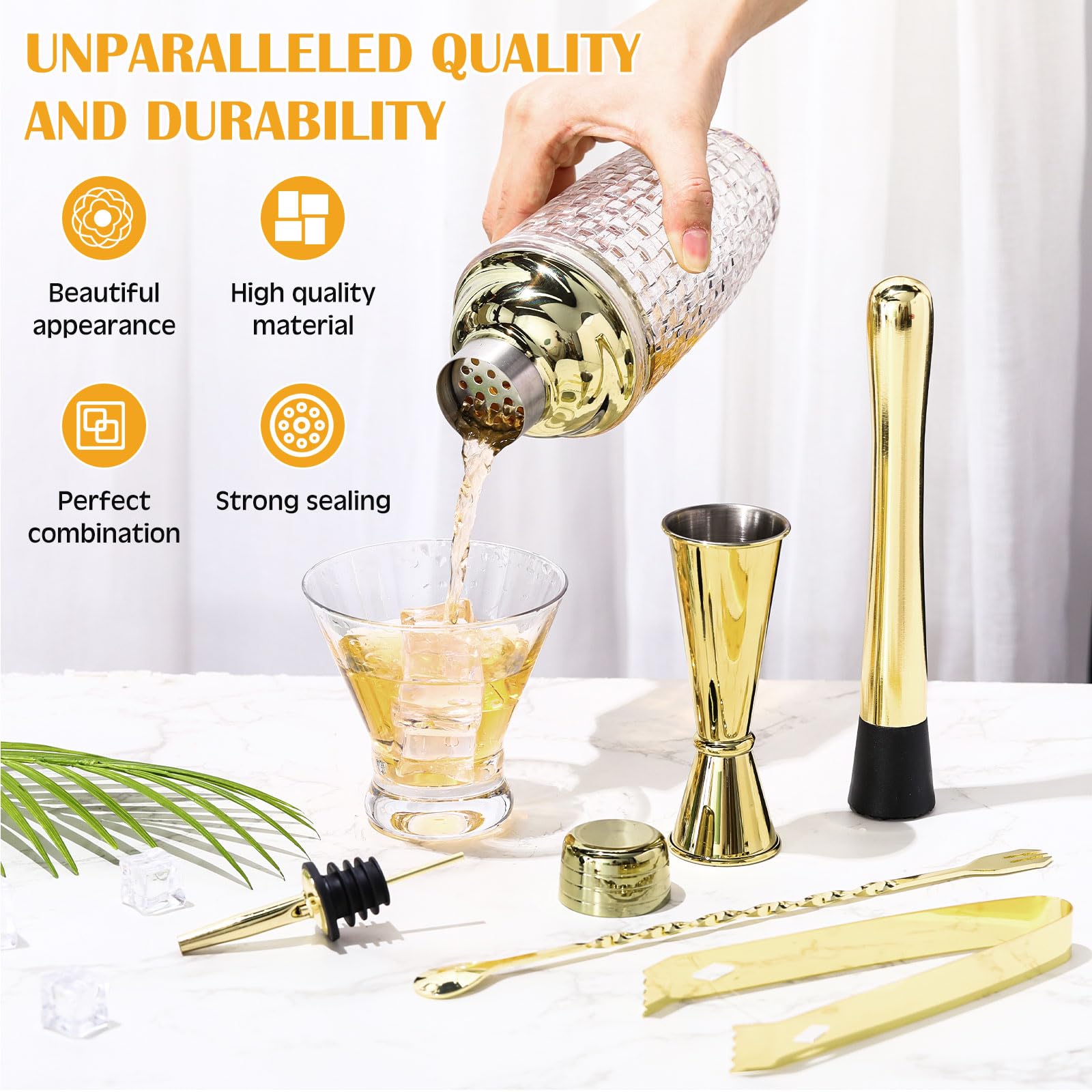 Pickmesh 9 Pcs Cocktail Shaker Set 13 oz Glass Cocktail Shaker with Built-in Strainer, 2 Martini Glasses, Shakers Bartending Drink Mixer Set Drink Mixer Gifts for Dad, Boyfriend, Husband (Gold)
