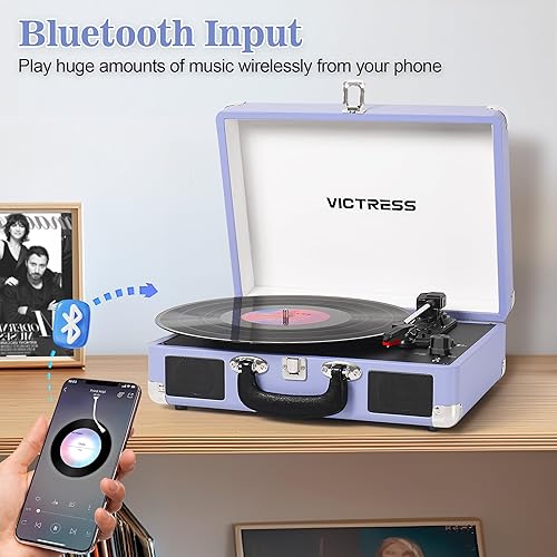 Miniatura 2 de Tocadiscos con altavoces, reproductor de discos de vinilo Bluetooth con grabación, reproductor LP portátil de maleta de 3 velocidades, tocadiscos de
