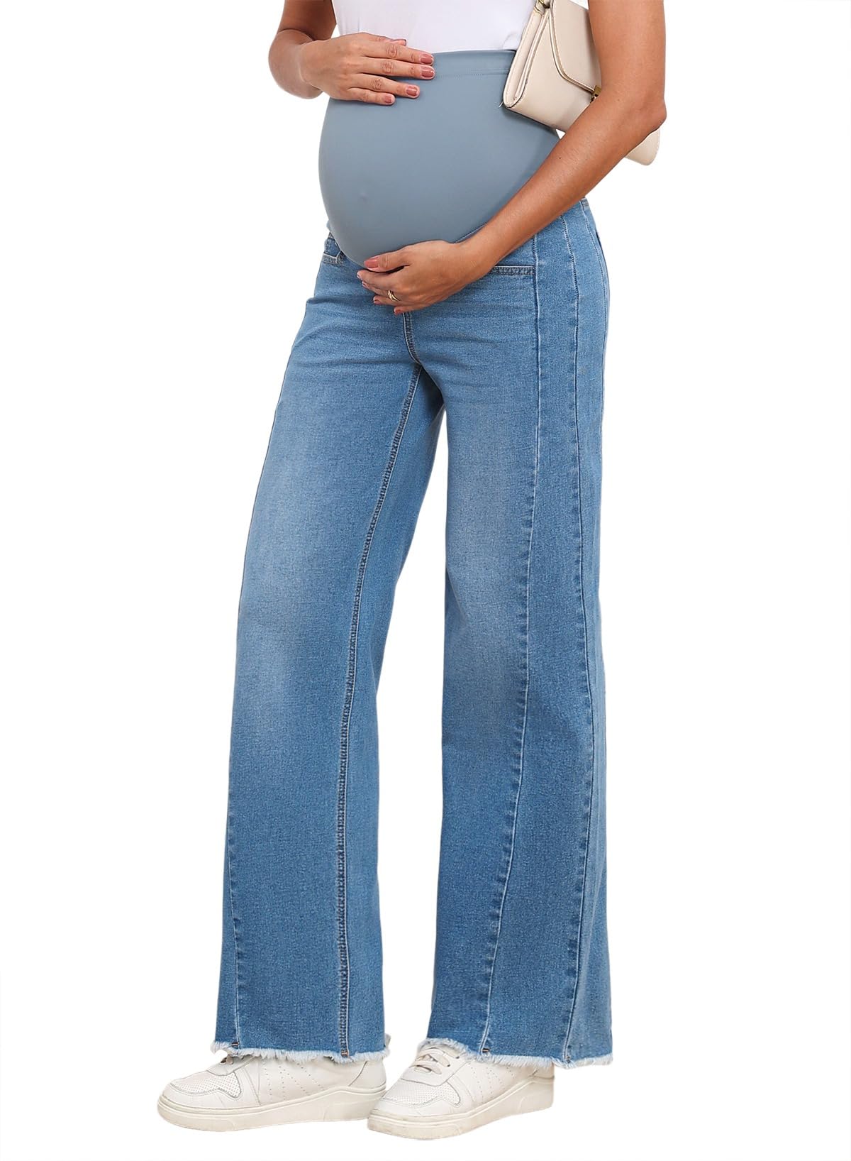 BLENCOT Maternity Jeans for Women Straight Leg Stretchy Denim Ripped Pregnancy Boyfriend Jean