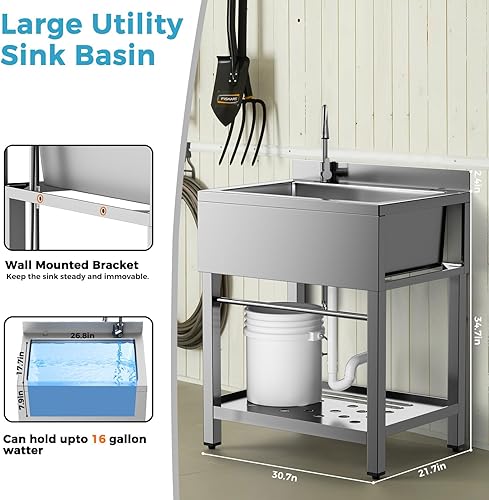 Miniatura 24 de Fregadero utilitario de pie individual fregadero de cocina con tubo de agua fría y caliente, fregadero de acero inoxidable para lavandería, baño