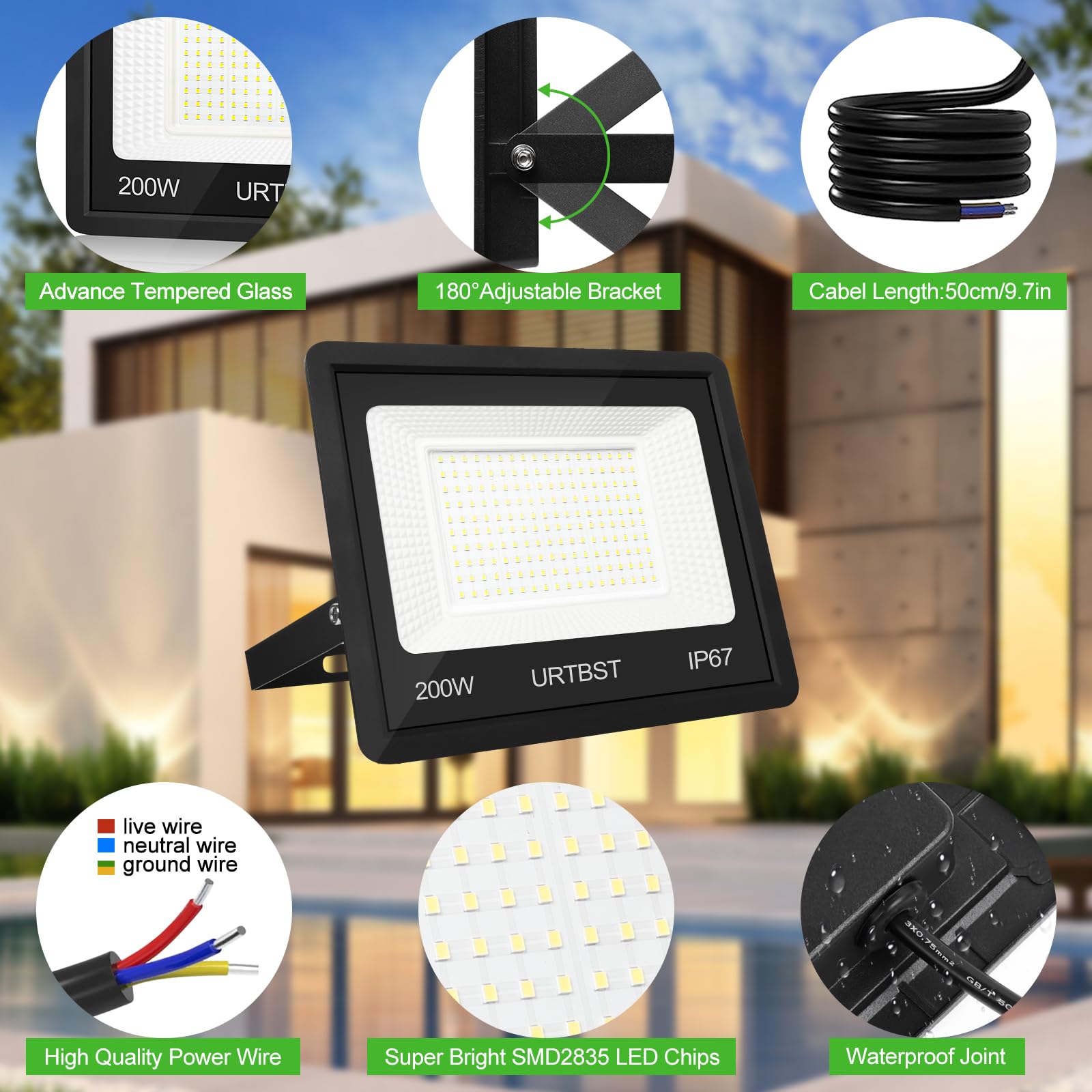 Proiettore LED per esterni, 200 W, 20000 lm, IP67, impermeabile, 7000 K, bianco freddo, per cortile, giardino, garage, terrazza