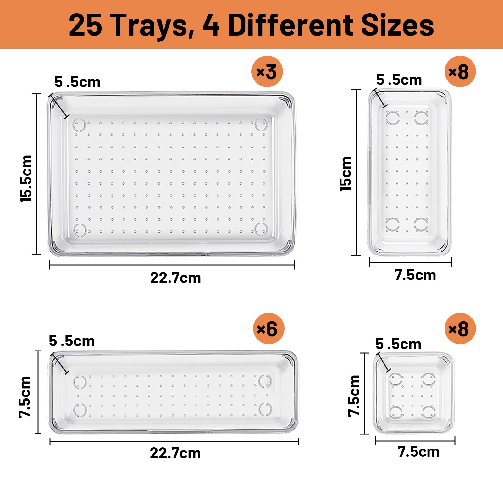 Collazoey Organizer per cassetti trasparente con scatola,4 dimensioni Organizzatore per toeletta, organizer trasparente antiscivolo per trucchi per bagno, cosmetici, toeletta, cucina, ufficio (25)