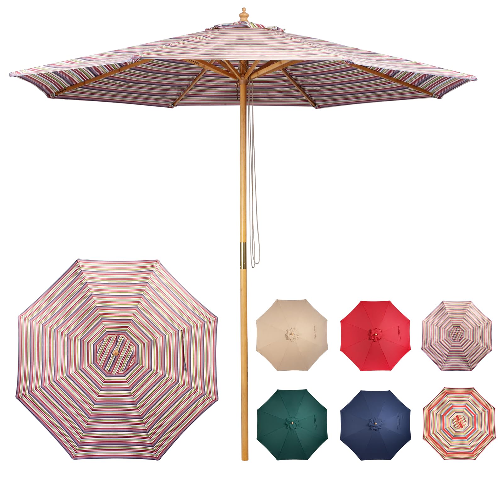 9ft Bamboo Umbrella, Outdoor Patio Umbrella, Waterproof Market Umbrella, 8 Ribs Table Umbrella with Pulley Lift for Garden, Deck, Pool, lawn, Backyard