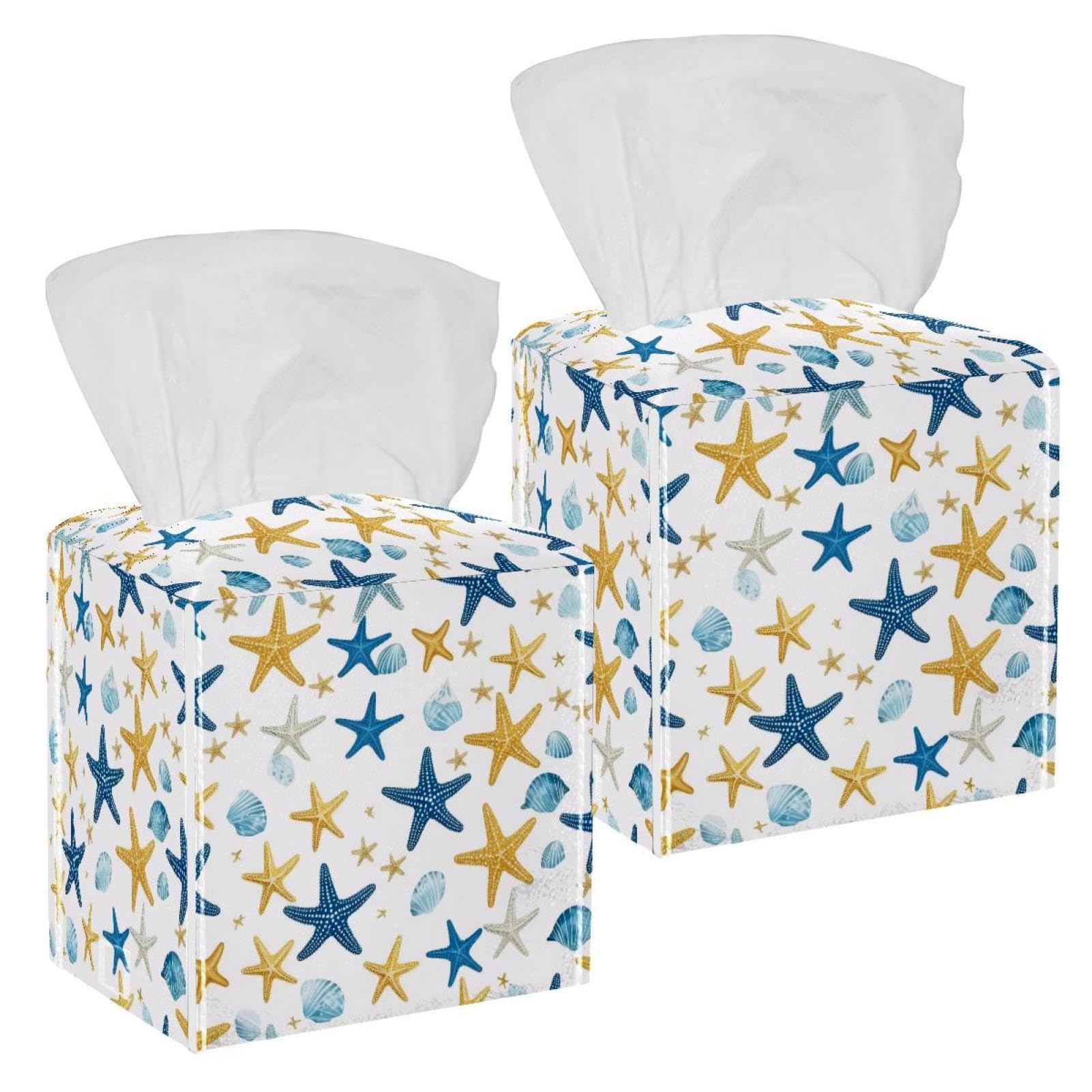 Starfish Seashells Tissue Box Cover, 2 Pack PU Leather Square Facial Tissue Dispenser Box holder for Home Office Car