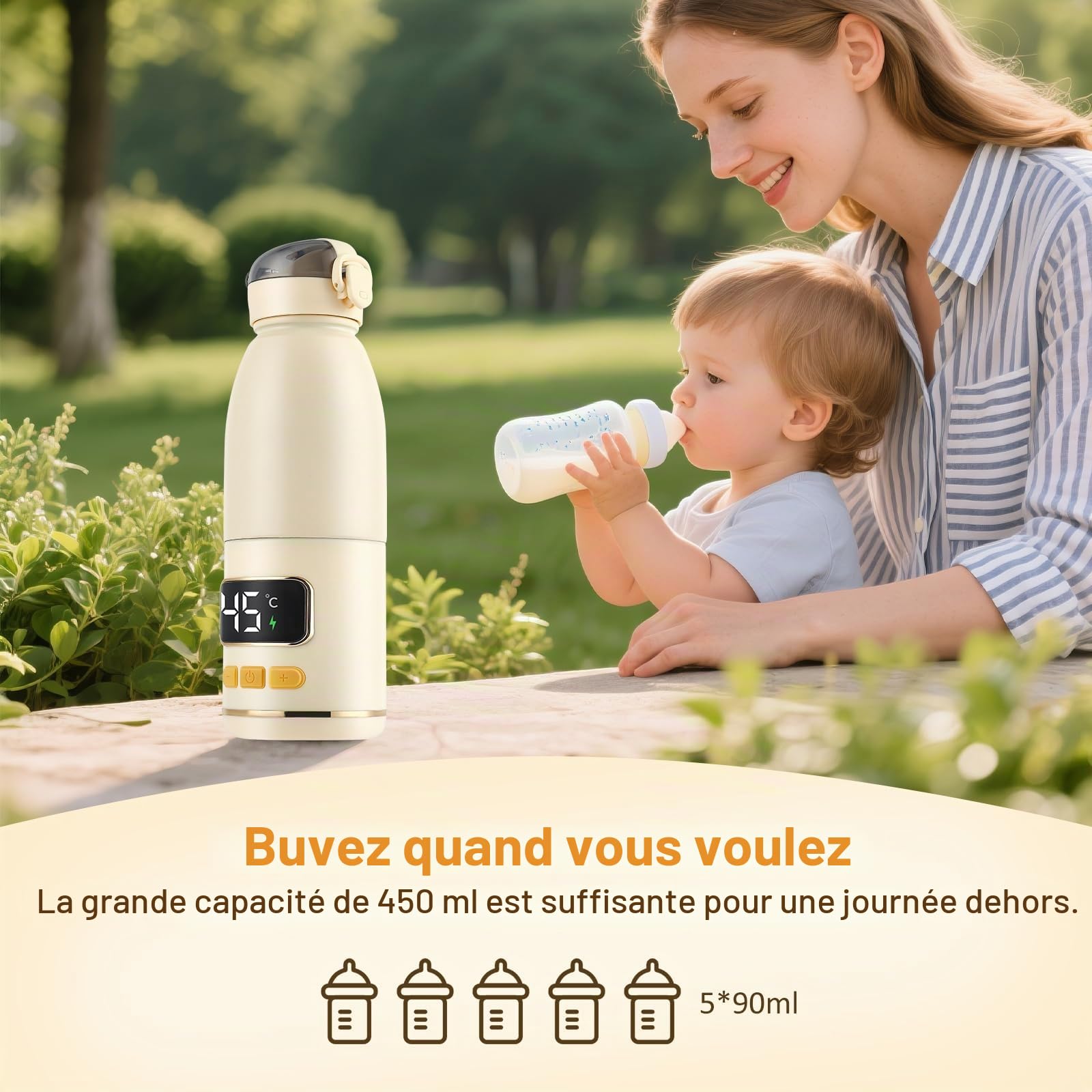 Chauffe Biberon Nomade sans Fil pour Lait Maternel, Chauffage Rapide Lait & Eau, 24h Thermos, Température Réglable 37-55°C, Chauffe-Biberon Portable pour Voyage, 450mL Type-C Rechargeable