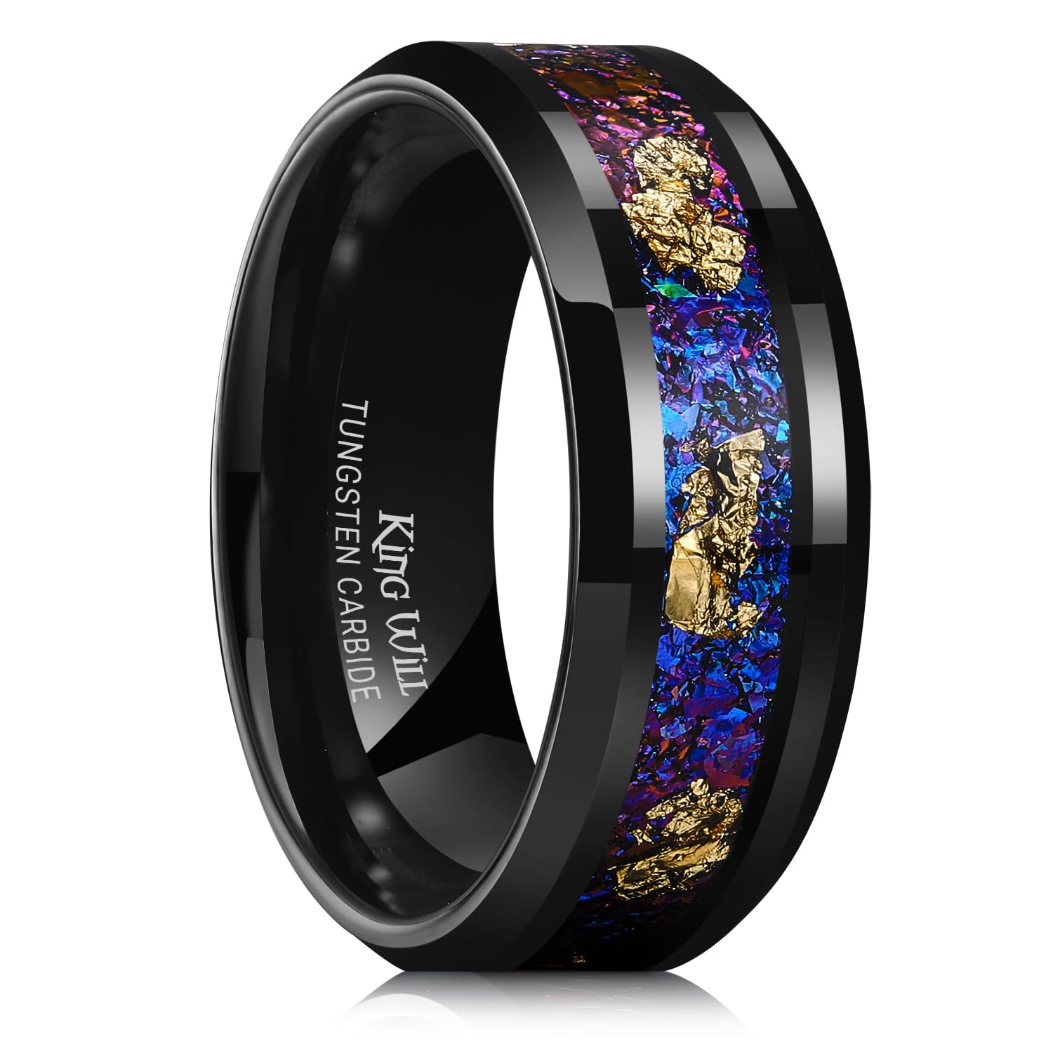 King Will Mens Wedding Band with Foils Inlay, Black/Silver/Gold