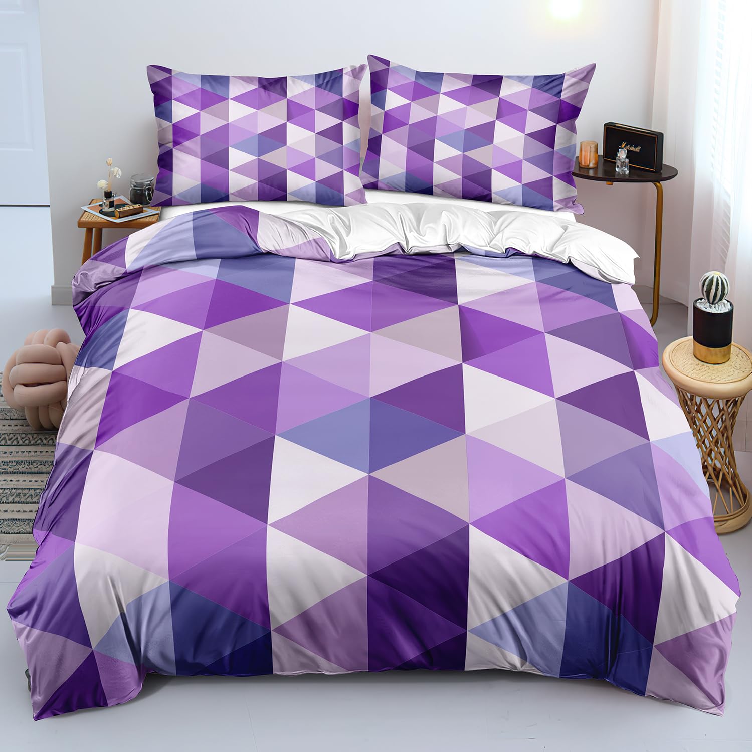 Housse de couette 140x200 violette à motifs géométriques avec taie d'oreiller