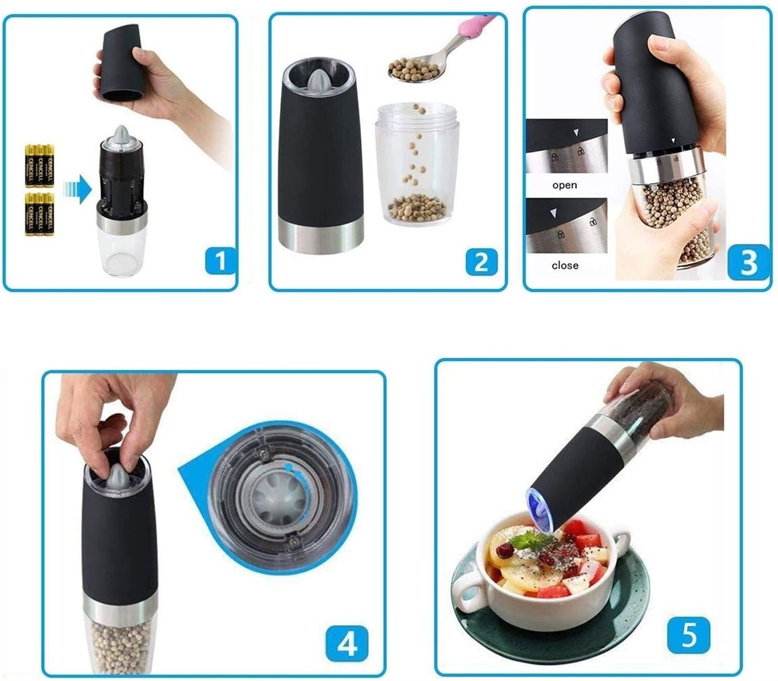 XMING Grinder Pepe in Acciaio Inox Cucina Cucina Nero Pepe Pepe Pepe Pepe Elettrico Fresco Pepe macinato macina Sale