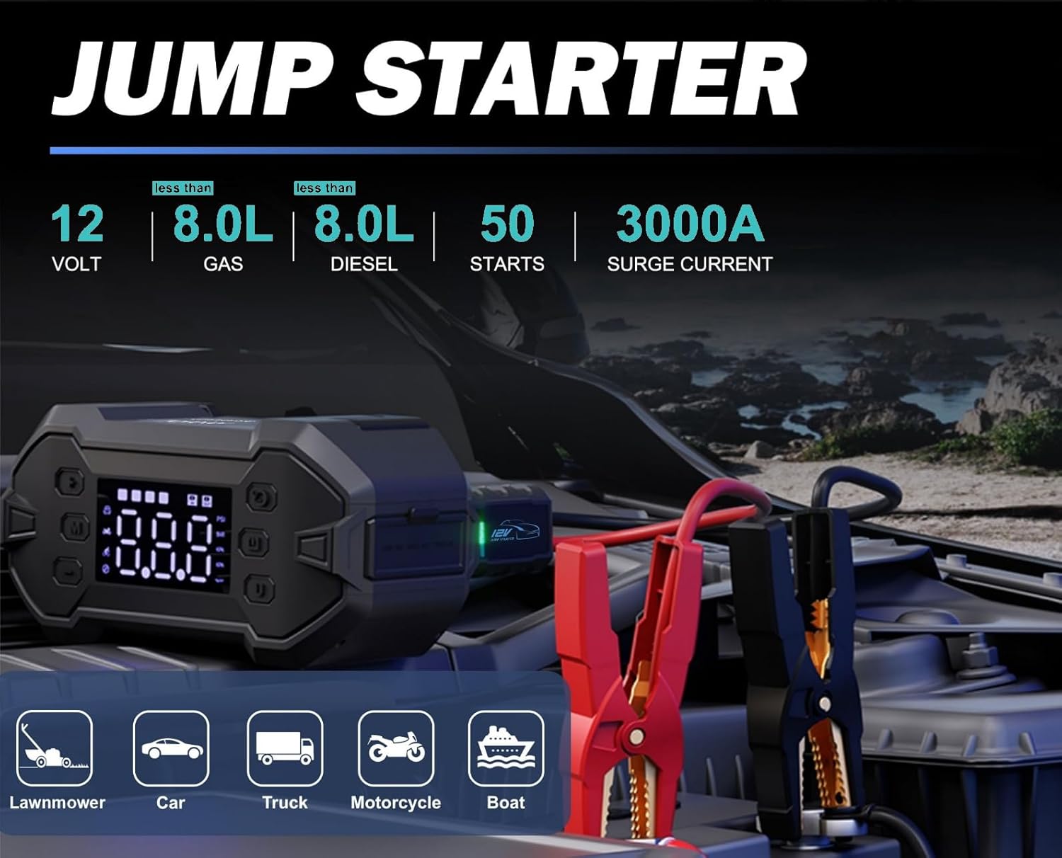 Universe Traveler 3000A Portable Car Jump Starter with Air Compressor, 12V Car Battery Booster for 8.0L Gas & Diesel Engines with 150 PSI Digital Tire Inflator, Emergency LED Light & Power Bank - Image 2