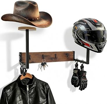 Motorcycle Helmet Stand, Wall Mount Helmet Holder Rack Display Organiser with 2 Stands for Storage of Motorcycle Accessories, Football & Cyclist Equipment