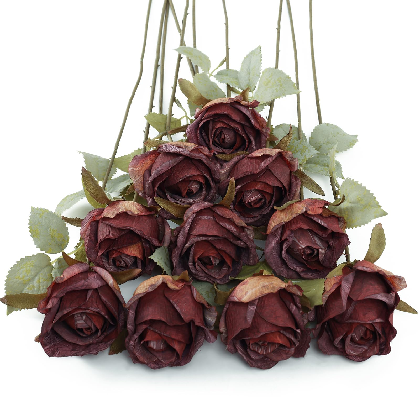 DuHouse 10pcs Artificial Rose Flowers Fake Silk Rose Bouquet(Burgundy) — image 1