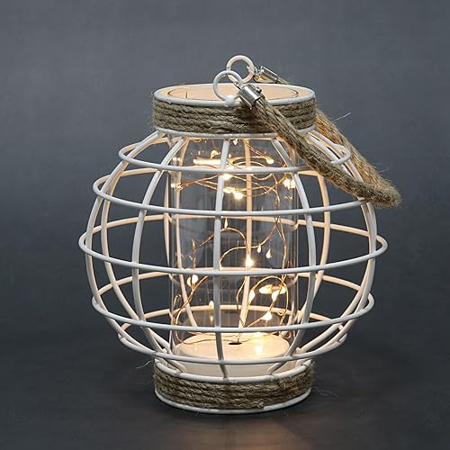 Miniatura 4 de Linterna de jaula de metal blanca de 7.5 pulgadas con luces LED, lámpara de mesa decorativa con función de temporizador para uso en interiores