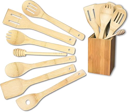 Espátula de madera - 8 cucharas de madera para cocinar - Utensilios de madera para cocinar - Juego de utensilios de cocina de bambú con soporte -