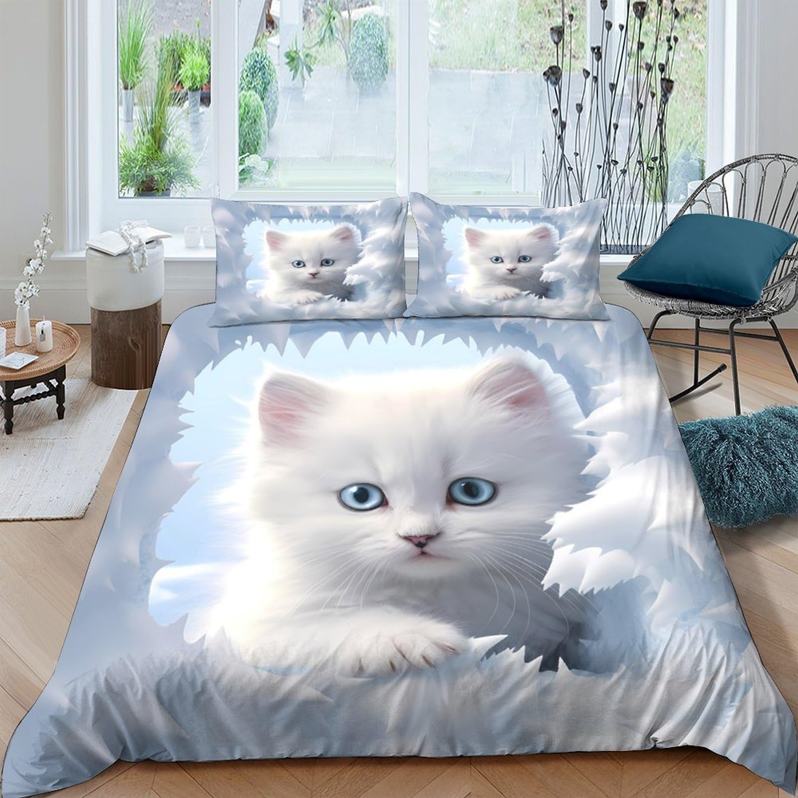 Ctjqhvkz Style-5 3D Printed White Kitten Fitted Sheet Microfiber Soft Breathable Fluffy Cat Bed Cover For Bedroom Dorm Decor Protection Single（135X200cm）
