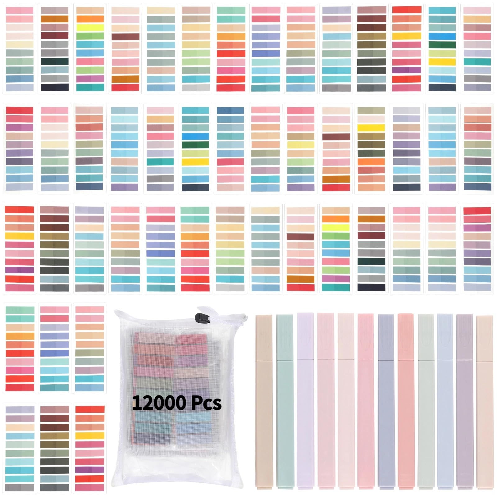 12000pcs Sticky Tabs with File Bag and Highlighters, Writable Page Markers, 1.7 in x 0.5 in Multi-Color PET Flags for Books Waterproof Semi-Transparent Stickers for Annotating Reading