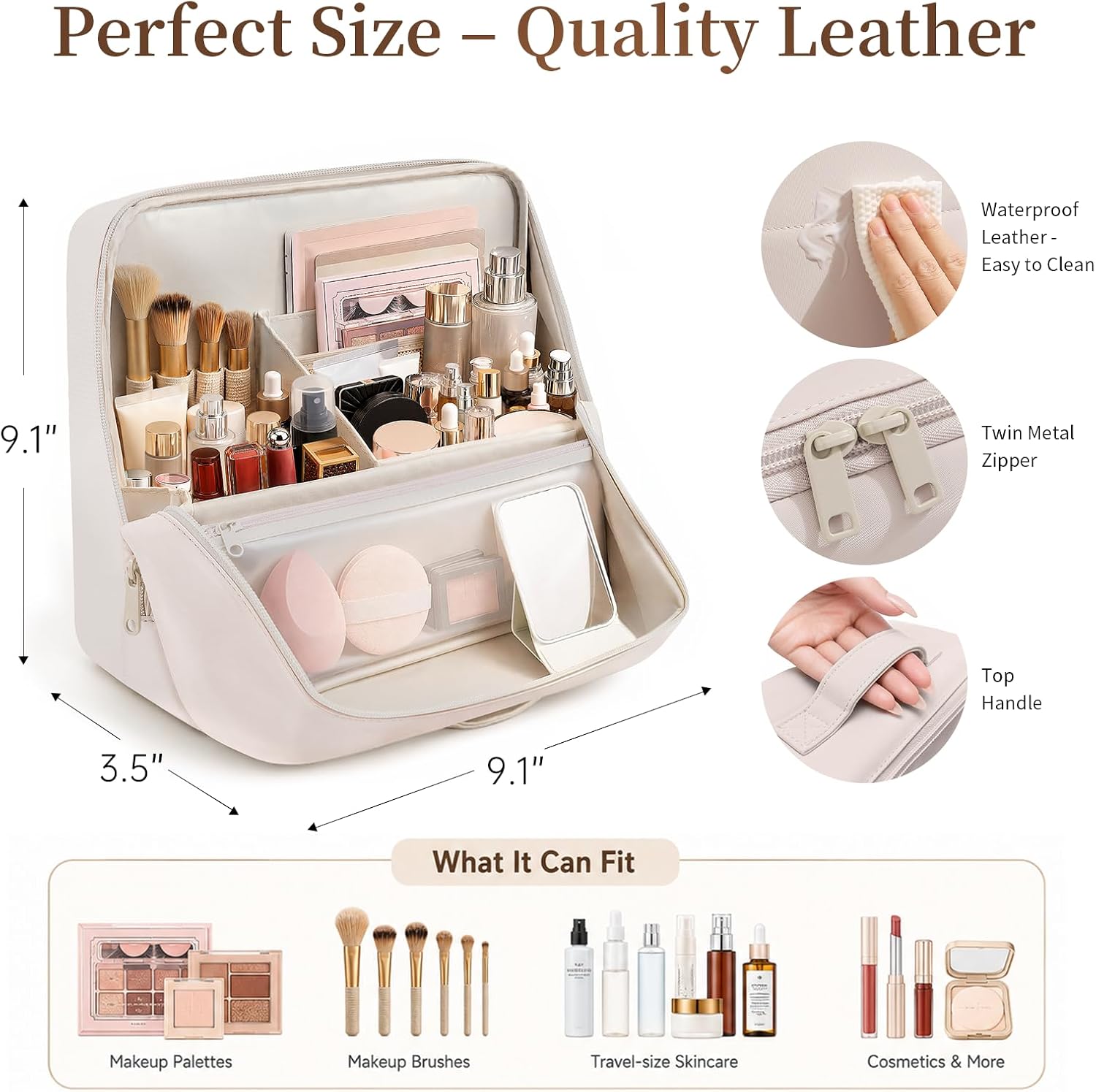 Travel Makeup Bag Standing Folding Leather Cosmetic Organizer with Handle | Waterproof Makeup Organizer with Brush Compartments and Magnetic Fold-Down Flap Toiletry Bag(Bonus with Mirror)