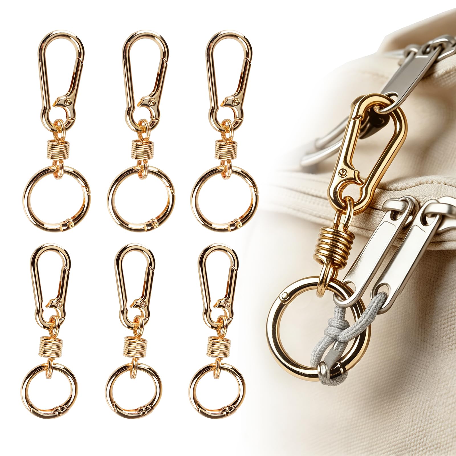 Zipper Clips Anti Theft, 6 Pcs Zipper Locks for Backpacks, Double Opening Antitheft Spring Carabiner Clasps for Travel Purse Luggage Suitcase Handbags Keys(Gold)