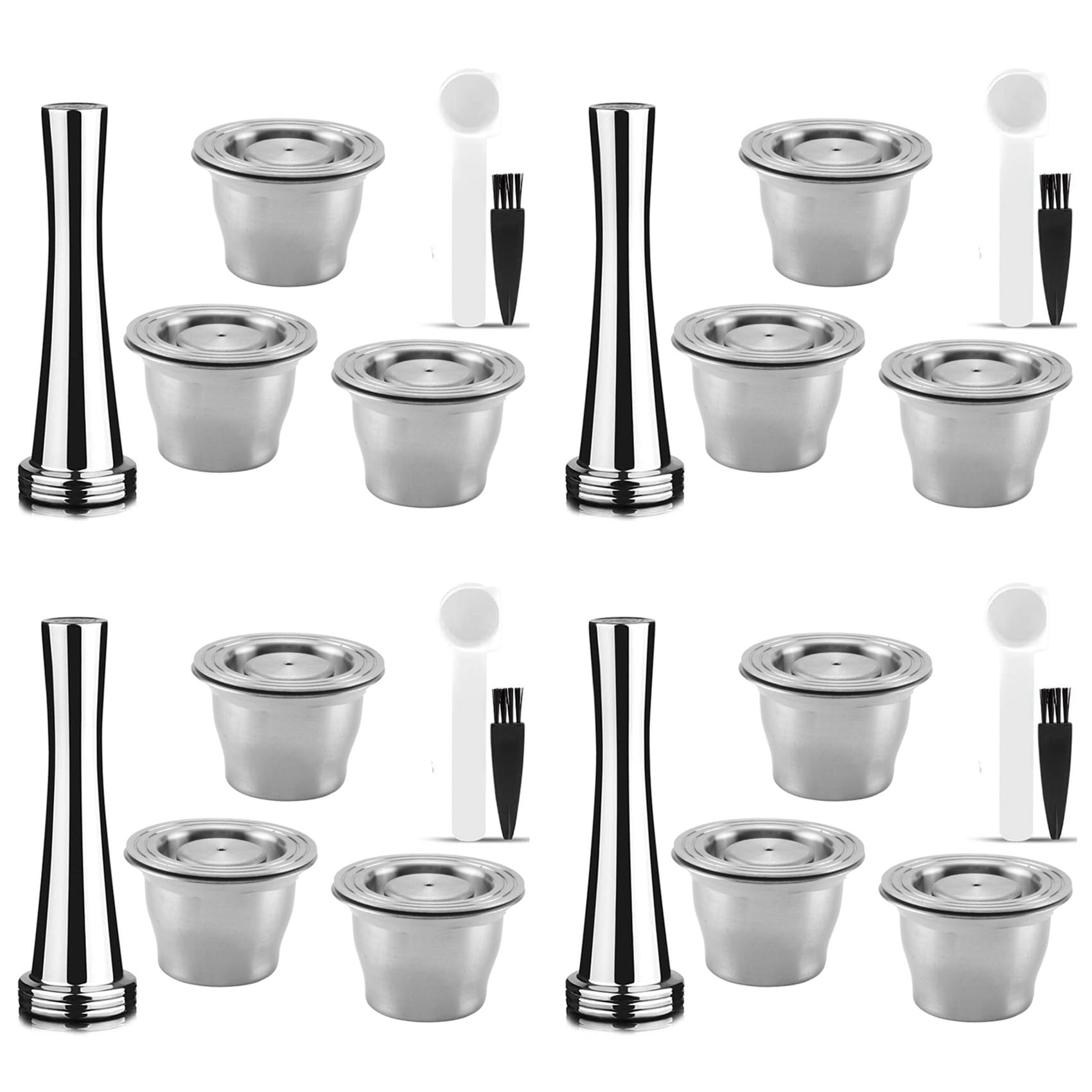 Hndhbfgrt Capsules Reusable, Stainless Steel, 12 Pieces Refillable Pads for + 4 Tamper + 4 Spoon + 4 Brush