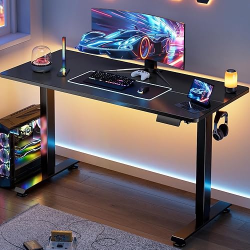 Veken 55 Inch, Height Adjustable Sit Stand Up, Wood Desktop, Work Home Office Computer PC Table, Tall Standup Workstation, Gaming Writing Study Bedroom Rising Desks, Black - 55 Inch-Child lock - Cyber Black