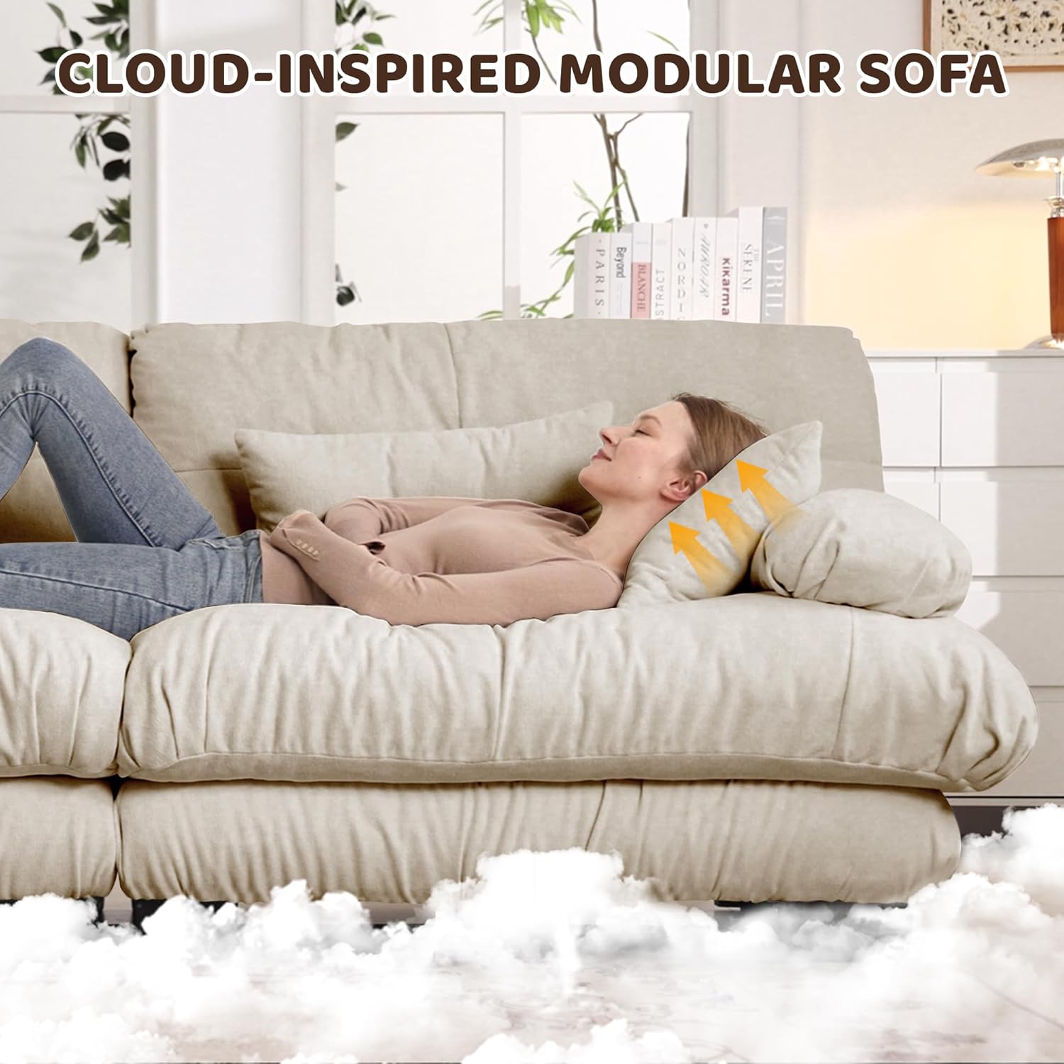 Ball & Cast 133.8" Modular Sectional Sofa,Oversized Couch 3 Seater Sofas,Large L Shaped Sectional Couches for Living Room, Fluffy Chenille Fabirc Cloud Couch with Ottoman, Deep Seat, Light Coffee
