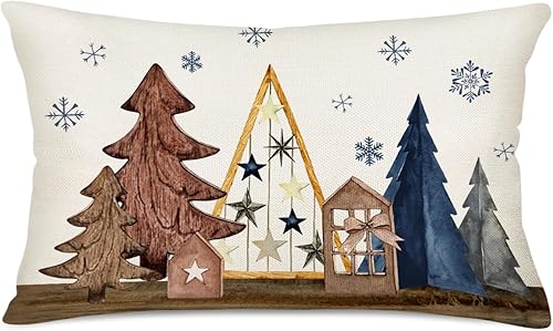 Fundas de almohada lumbar decorativas de invierno de 12 x 20 pulgadas, diseño geométrico de pinos con copos de nieve, color azul y blanco brwon, disponible en Yaxa El Salvador