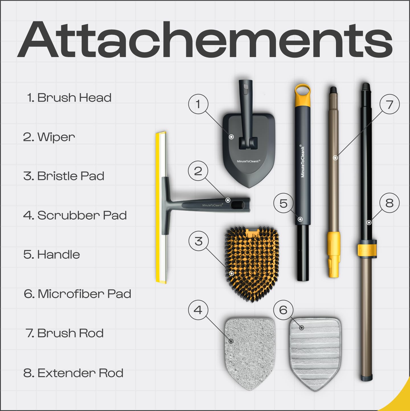 MinuteToCleanIt 4-in-1 Cleaning Set | Long Handle Wiper Squzee, Bristles, Microfiber & Scrubber for Tiles, Bathroom, Windows – 58.2” Extendable Pole, Detachable Heads, Yellow 4