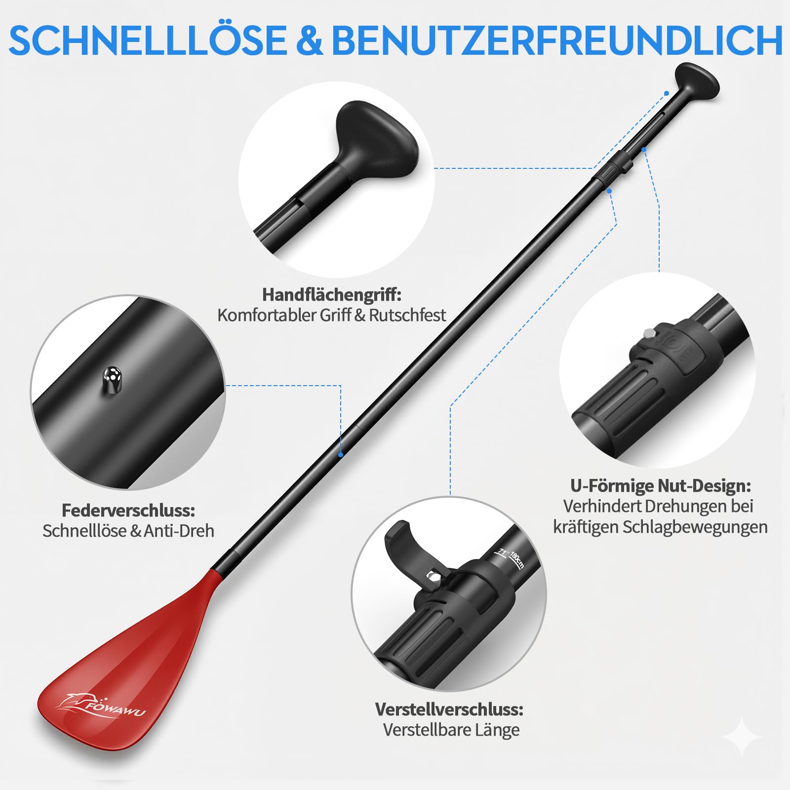 FOWAWU SUP Paddel Aluminium, 3teilig Stand Up Paddel verstellbar 160-210 cm, sehr leicht 804g paddel für Stand-up Paddling Surfboard Bootfahren Kanusport