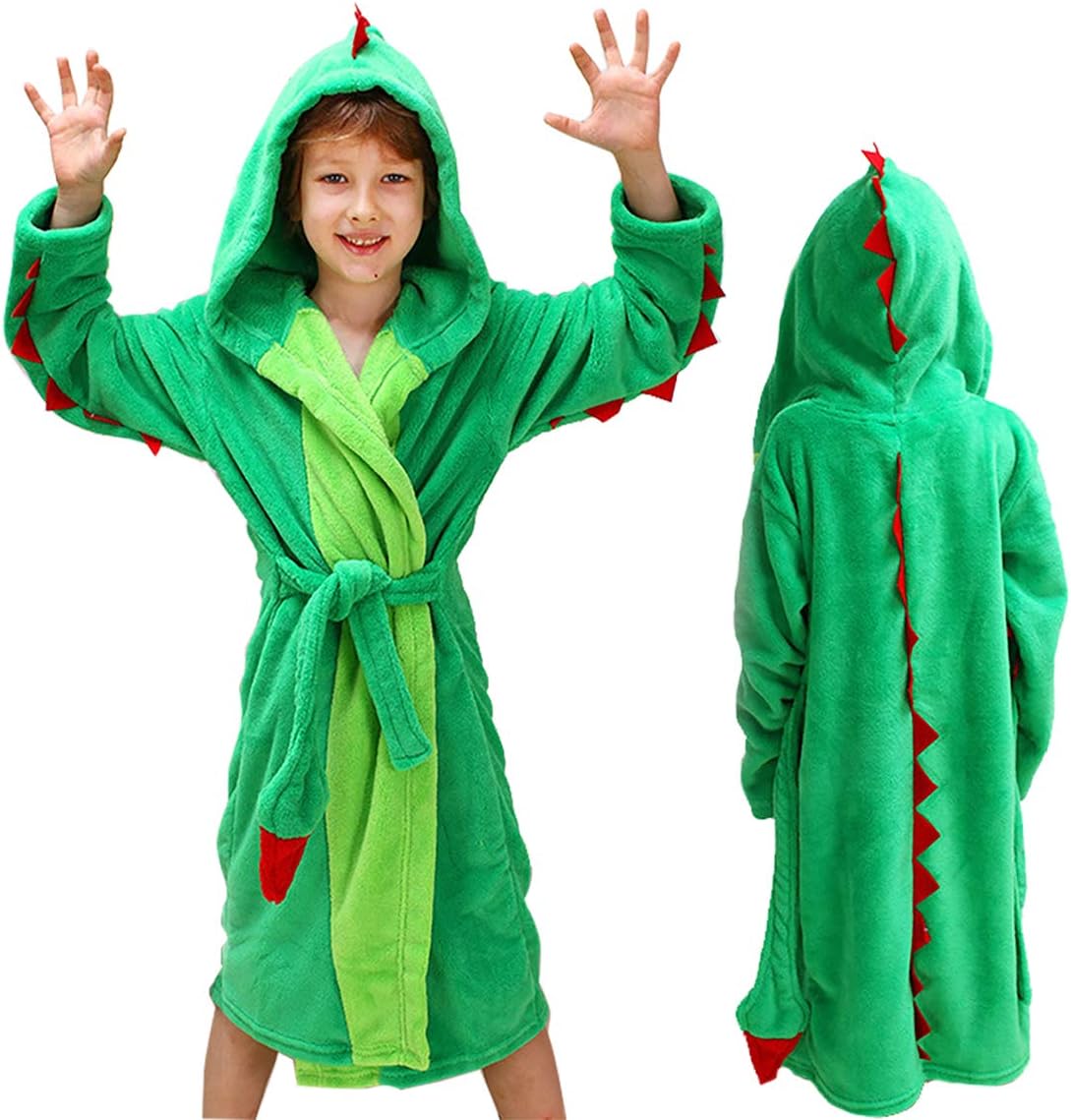 lontakids Kids Boys Animal Plush Bathrobe Dinosaur Monster Hooded Fleece Sleep Robe 3-8 Years