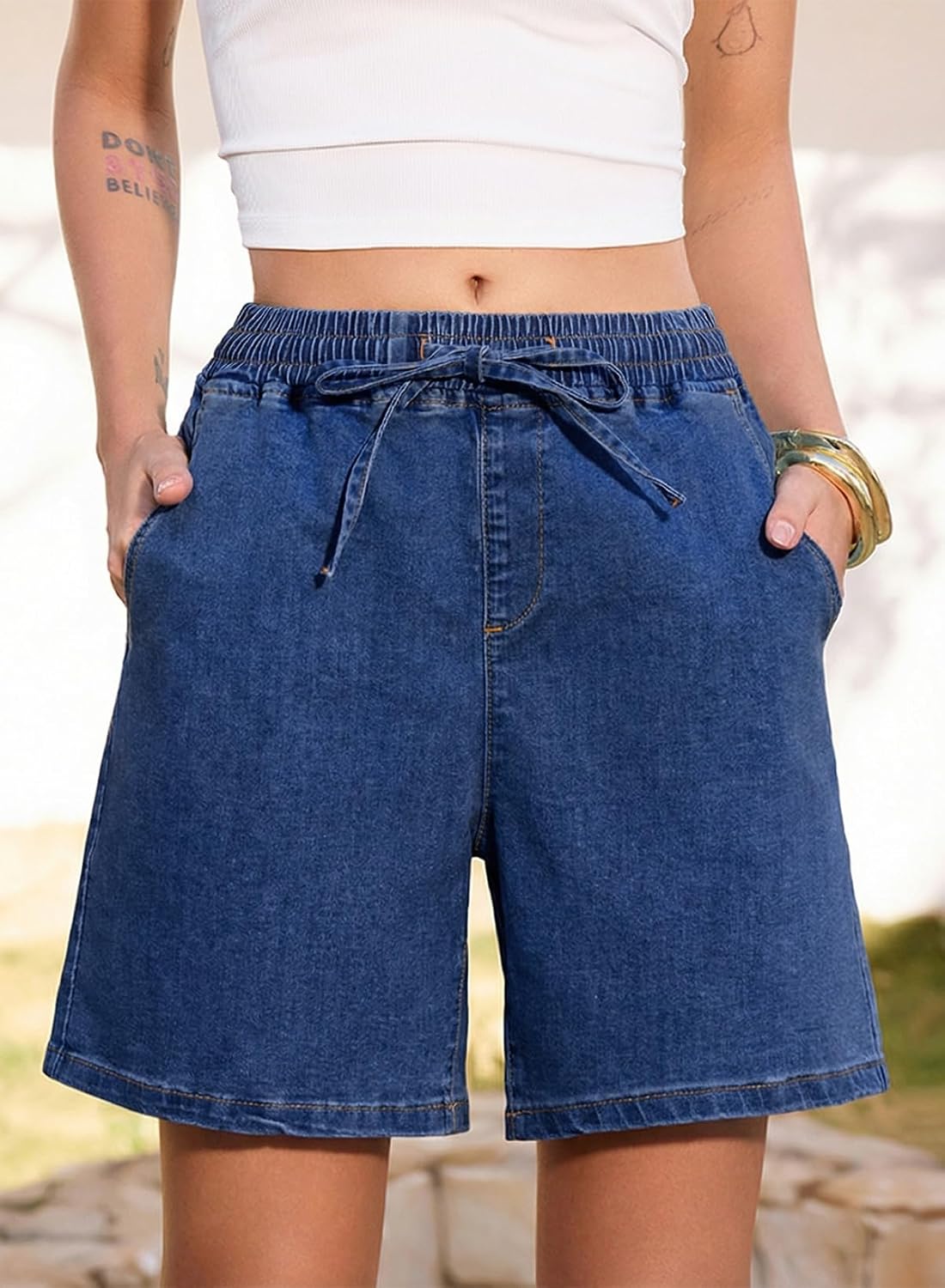 Sidefeel Womens High Waisted Drawstring Summer Jean Shorts