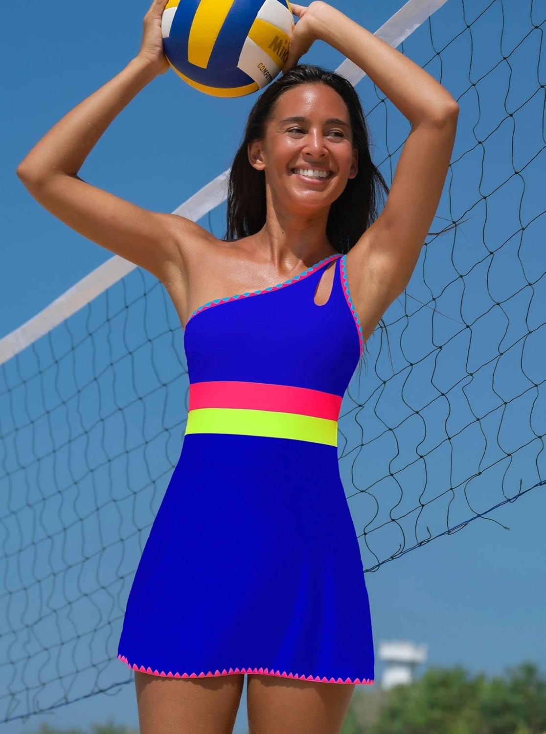 popvil Women One Shoulder One Piece Swimsuit 2026 Tummy Control Swim Dress with Skirt Neon Bathing Suit