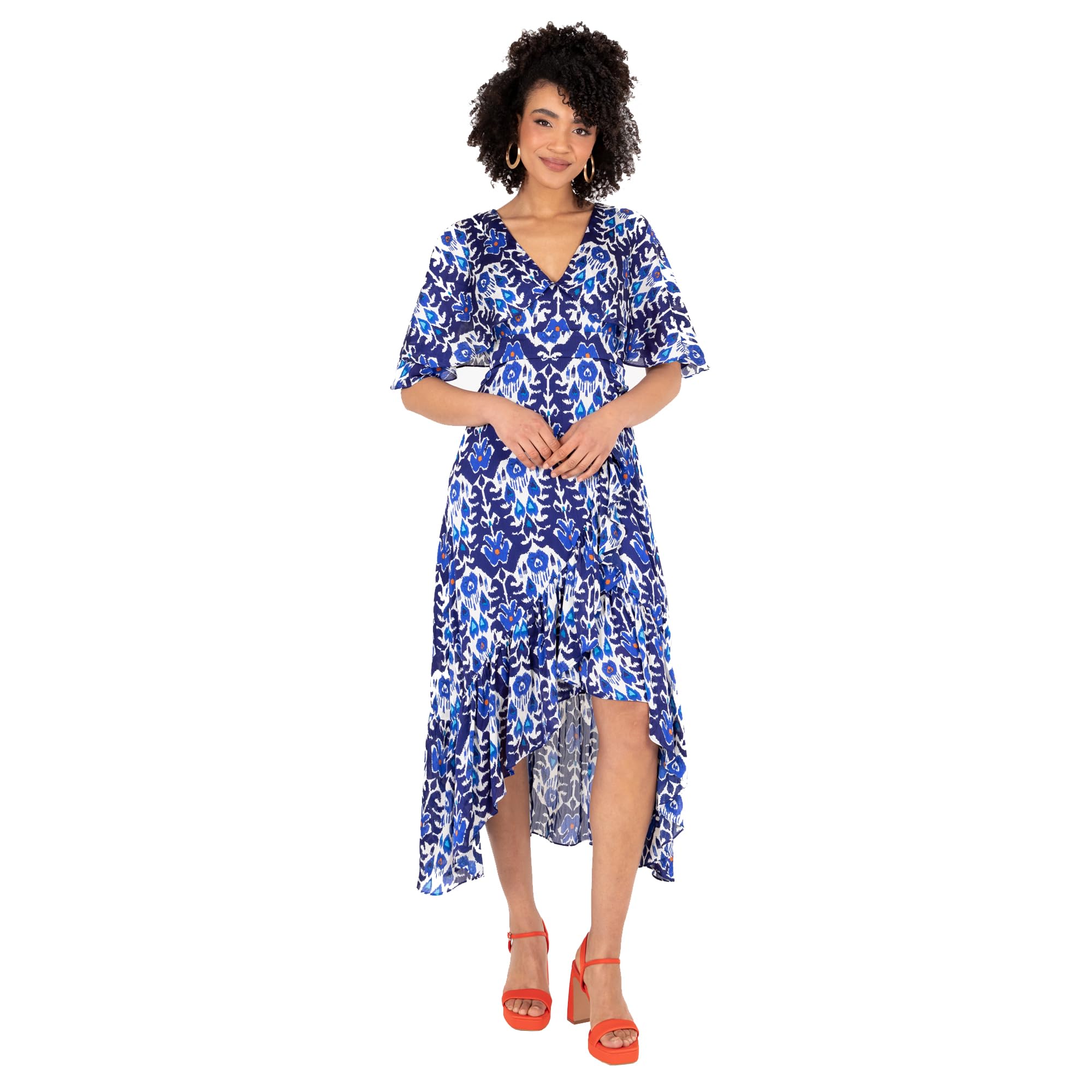Lovedrobe Women's Ladies Midaxi Dress V-Neck Cape Sleeve Abstract Floral Print Ruffle Hi Low Hem Wrap Belted A-line, Blue 22