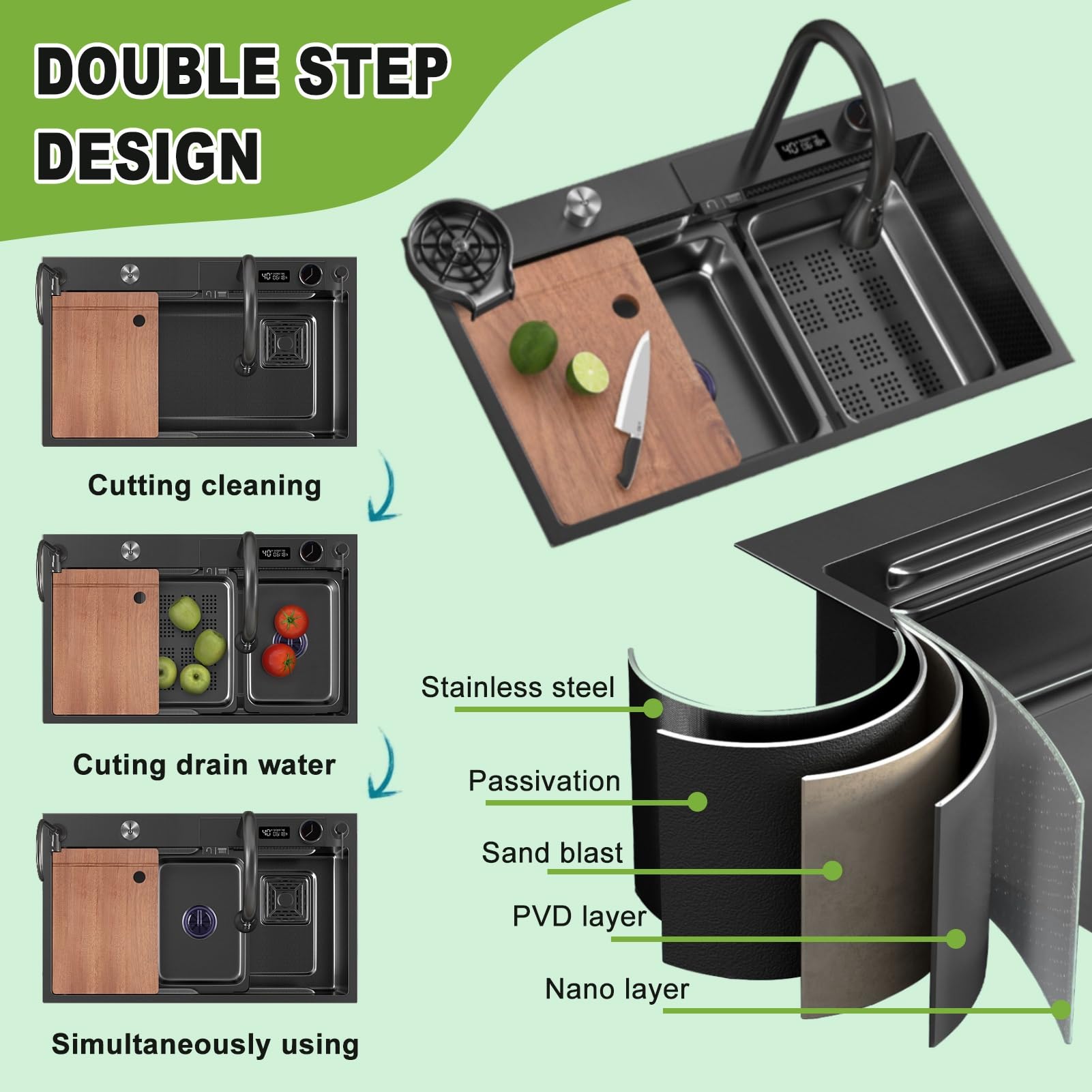 75x50cm Fregadero De Cocina En Cascada Negro, Fregadero Nano De Acero Inoxidable, Fregadero Para El Hogar, Lavabo Para Verduras, Fregadero Individual, Estación De Trabajo