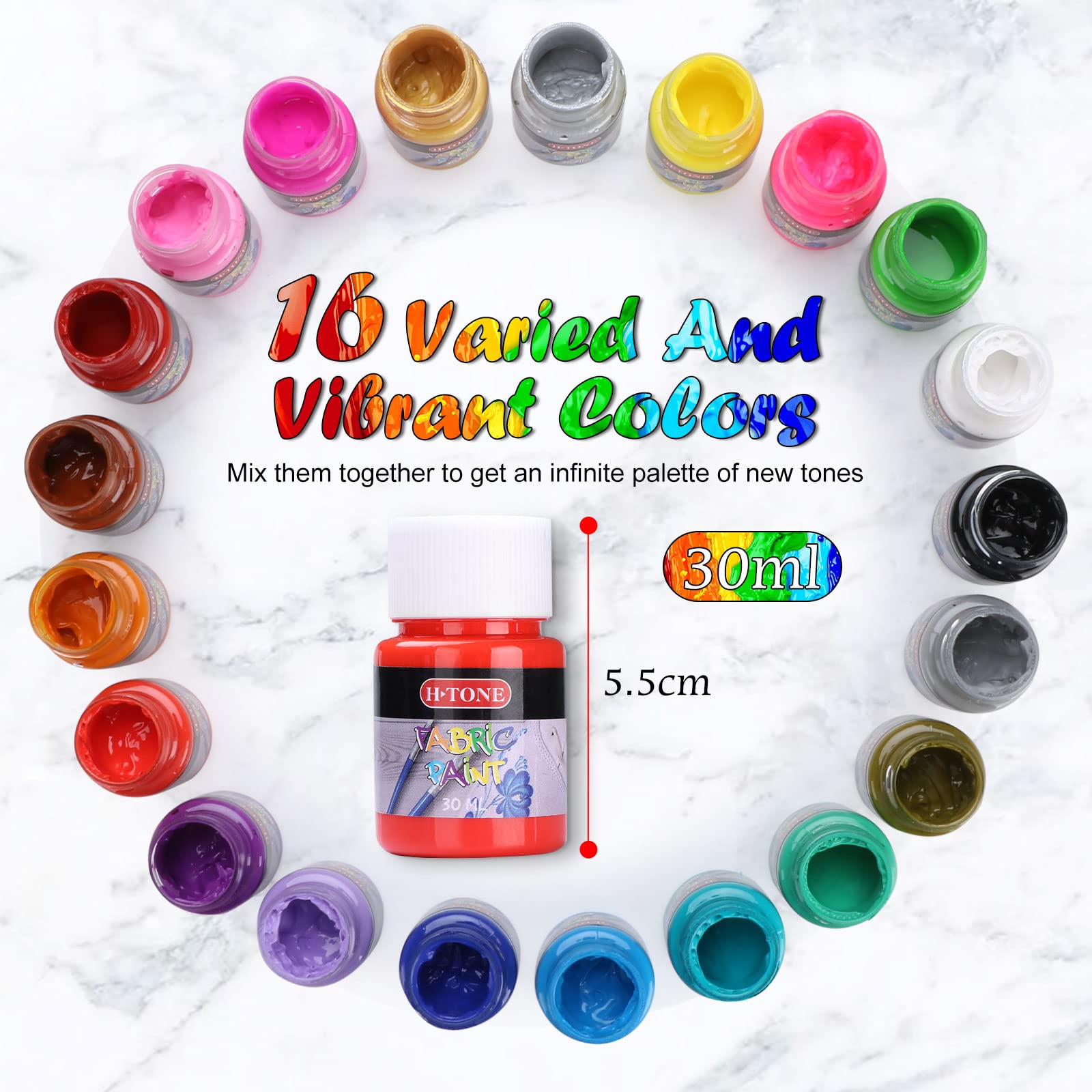 H-TONE Professional Grade Permanent Fabric Paint Set?Hign Quality Set of 21 Colors(30ml Each) Waterproof tshirt Shoe Paint Kit for Cloth Textile fabric